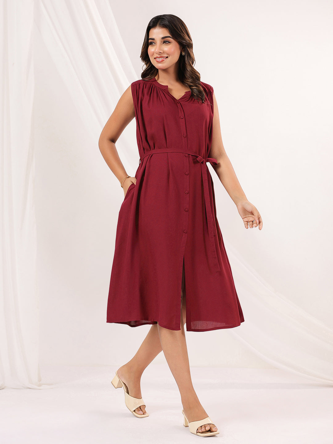 Janasya Dark Rayon Solid A-Line Dress 