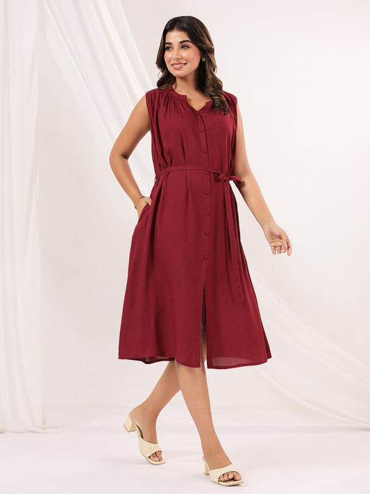 Janasya Dark Rayon Solid A-Line Dress 