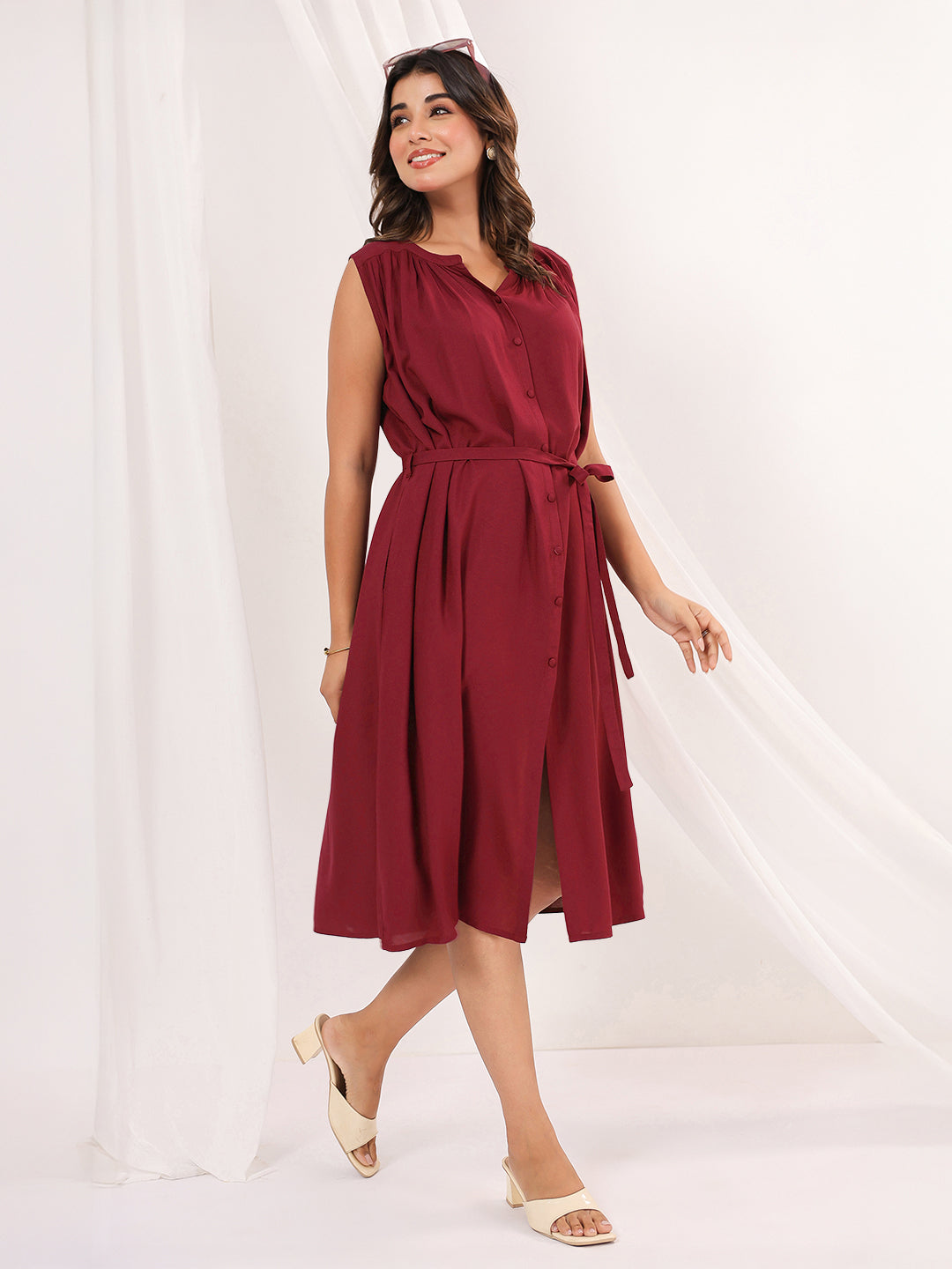 Janasya Dark Rayon Solid A-Line Dress 