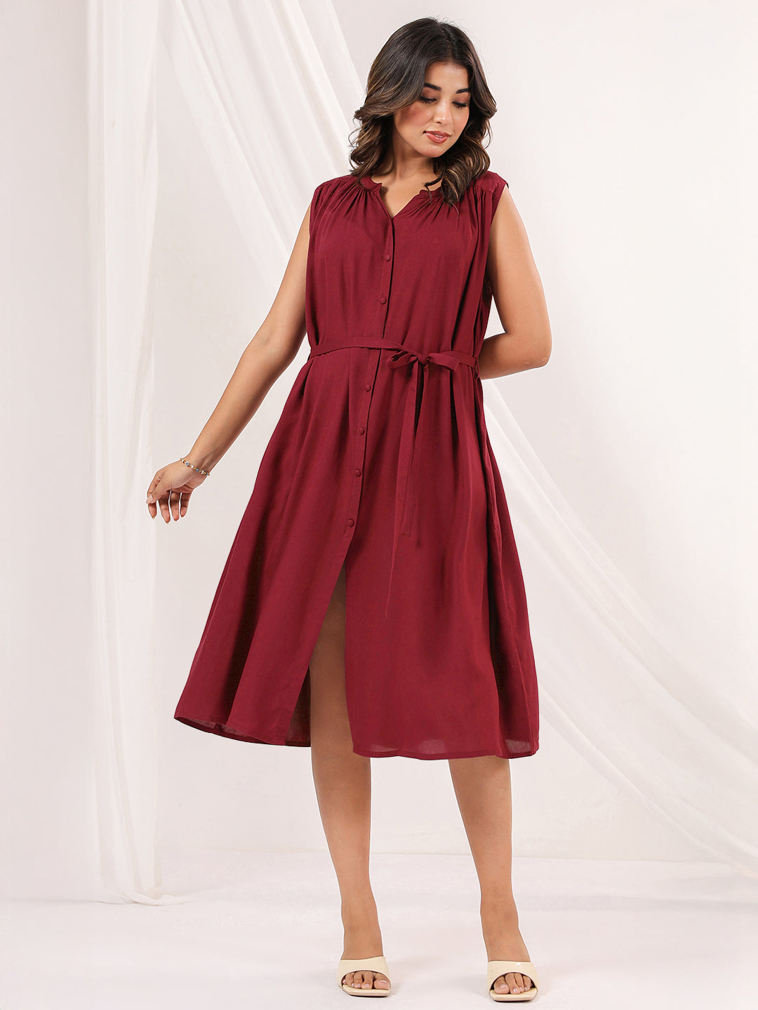Janasya Dark Rayon Solid A-Line Dress 