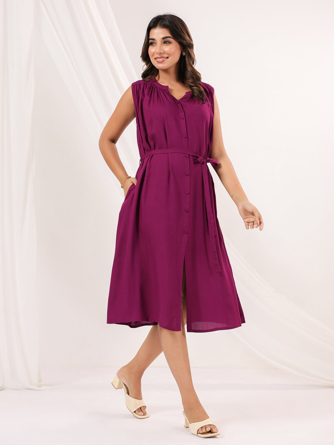 Janasya Dark Rayon Solid A-Line Dress 