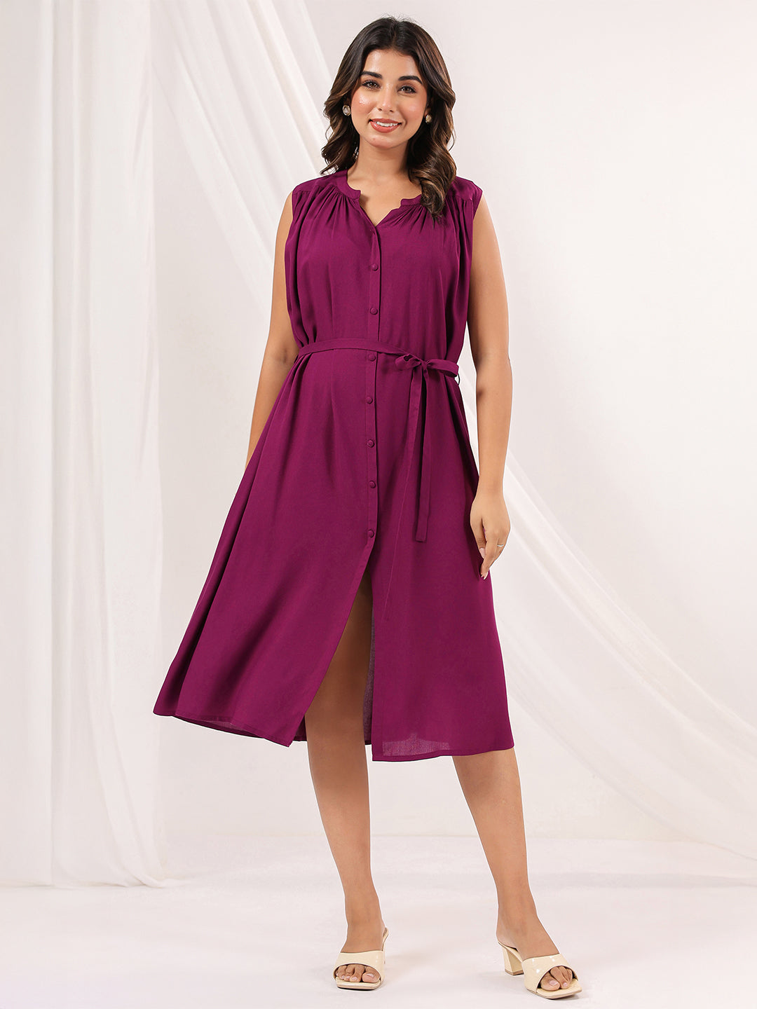 Janasya Dark Rayon Solid A-Line Dress 