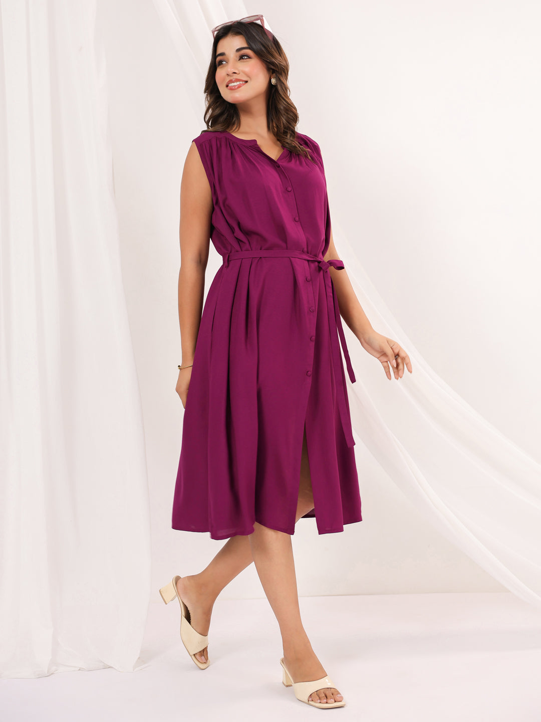 Janasya Dark Rayon Solid A-Line Dress 