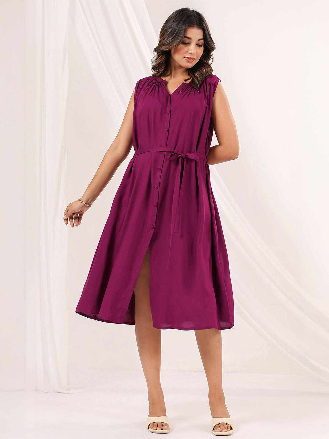 Janasya Dark Rayon Solid A-Line Dress 
