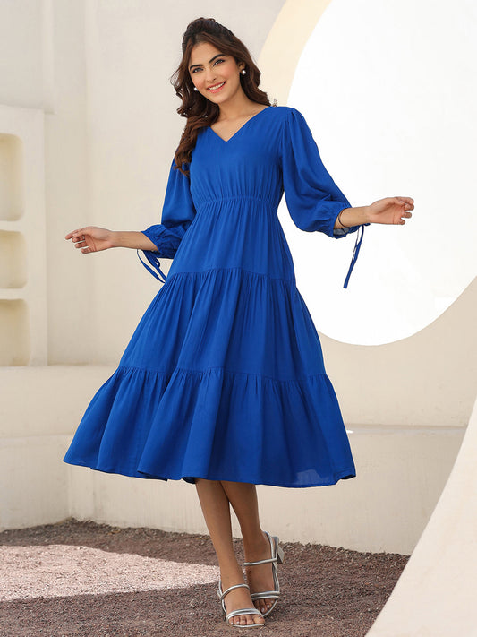 Janasya Bright Rayon Solid Tiered Dress 