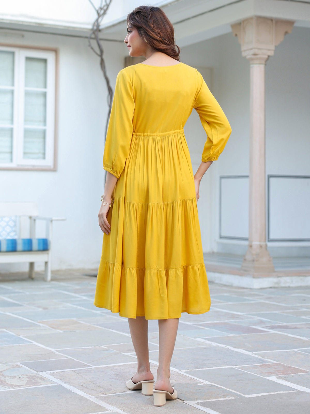 Janasya Bright Rayon Solid Tiered Dress 