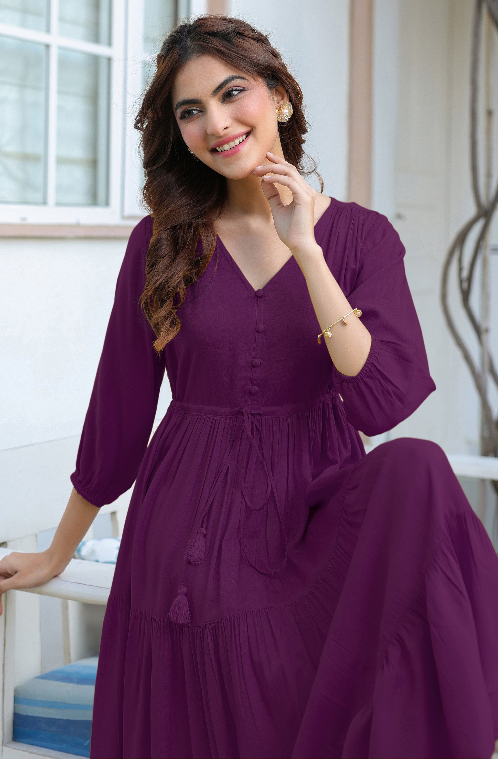 Janasya Dark Rayon Solid Tiered Dress 