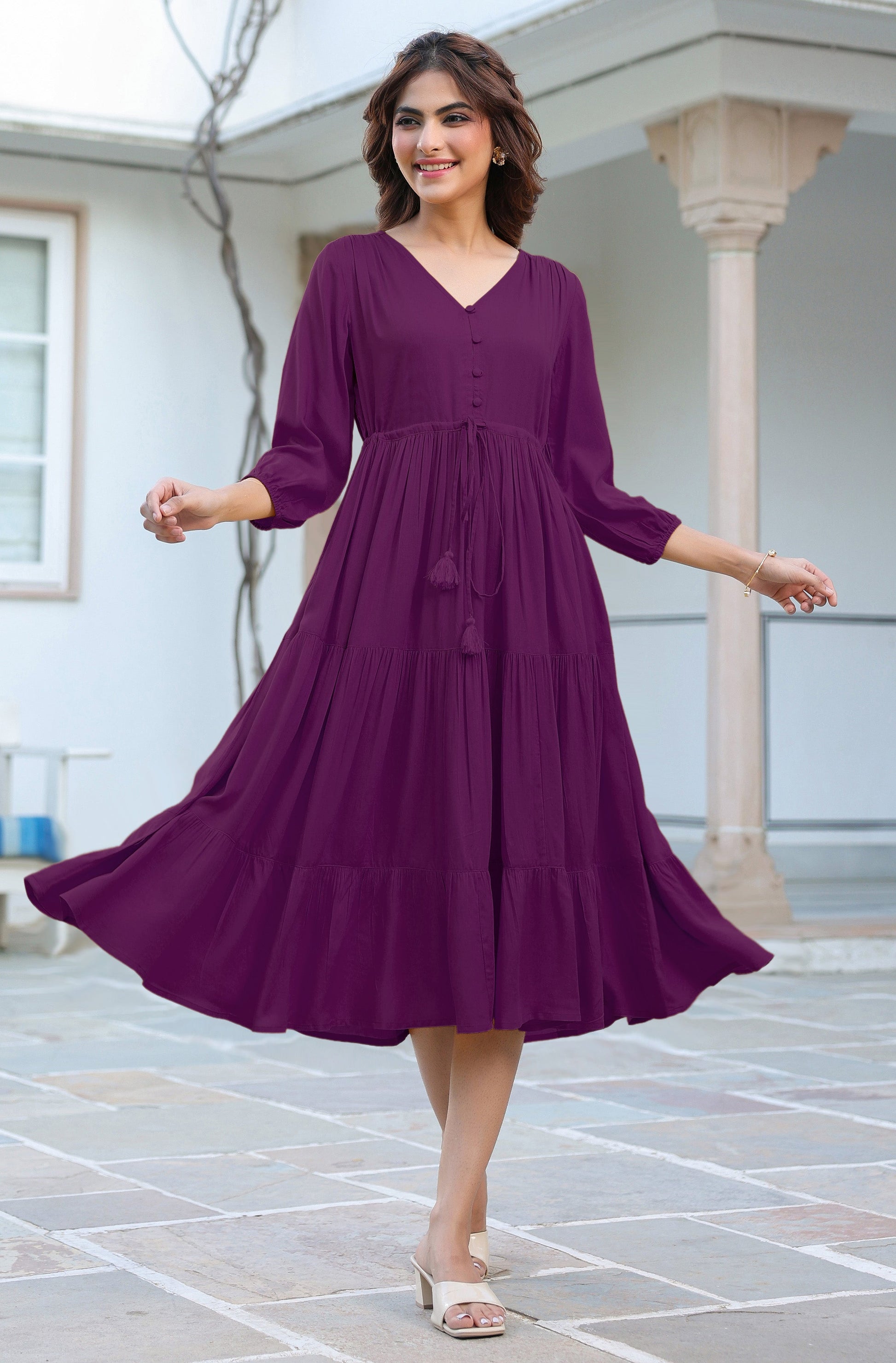 Janasya Dark Rayon Solid Tiered Dress 