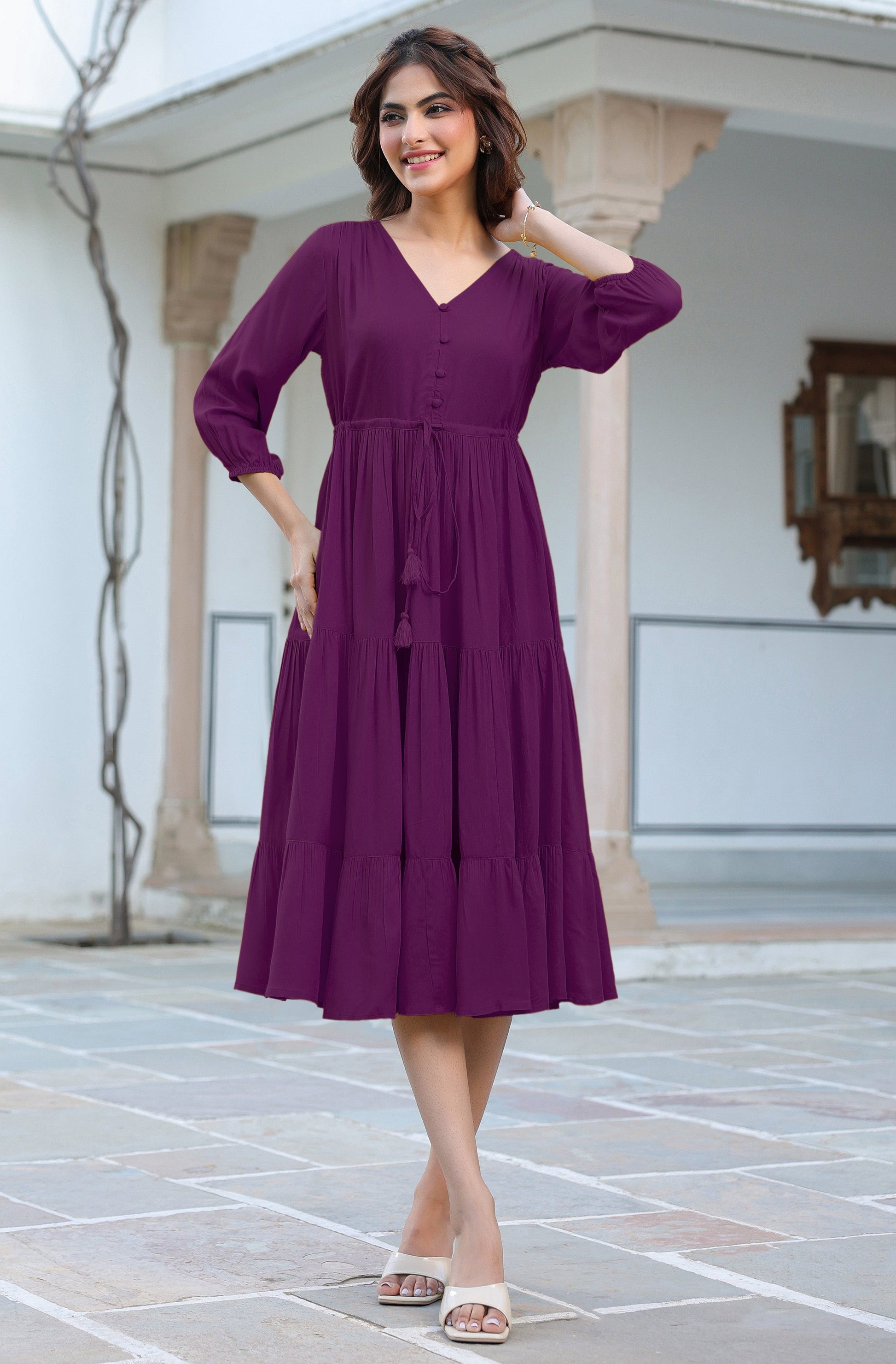 Janasya Dark Rayon Solid Tiered Dress 