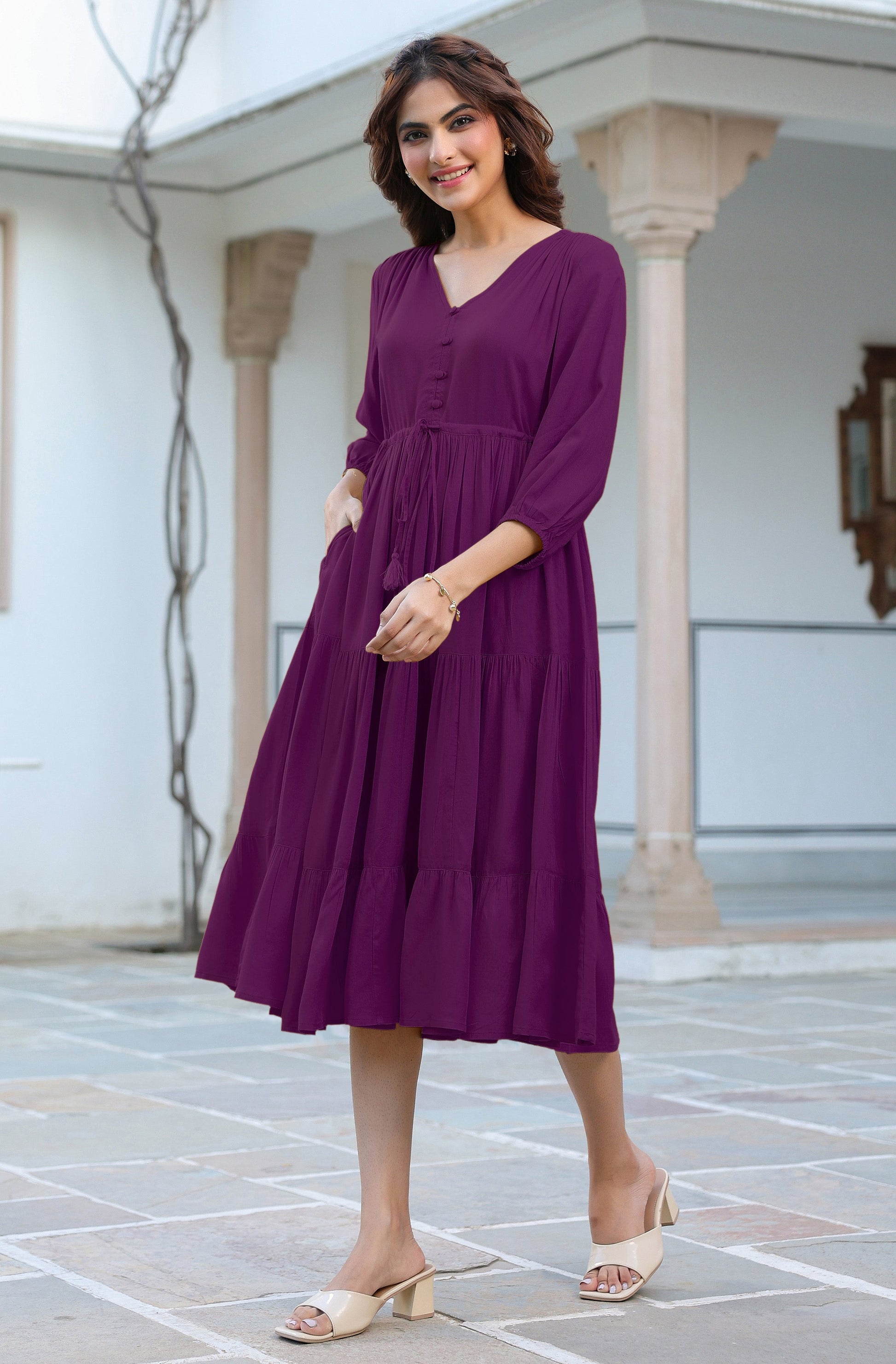 Janasya Dark Rayon Solid Tiered Dress 