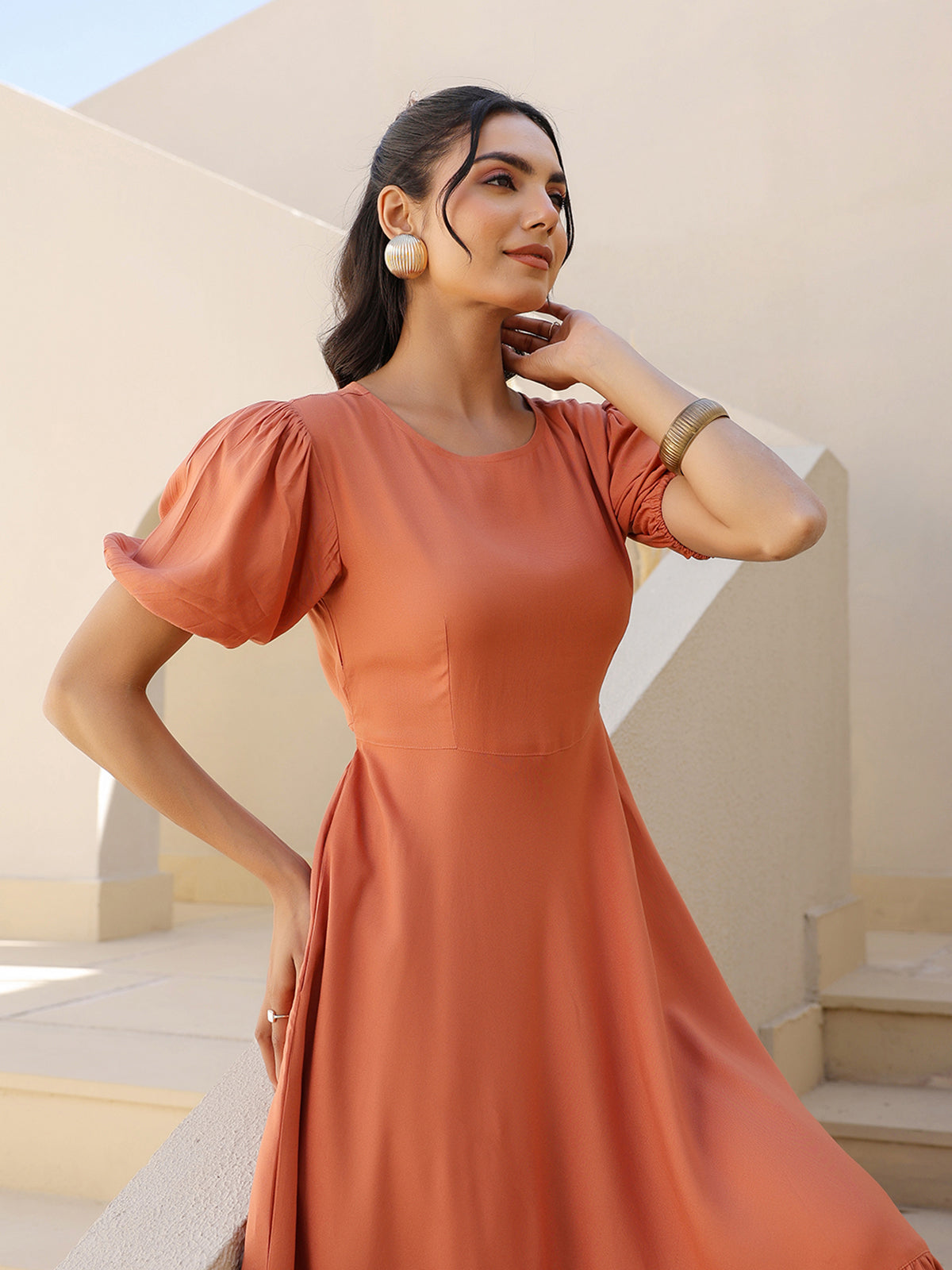 Janasya Dark Rayon Solid A-Line Dress 
