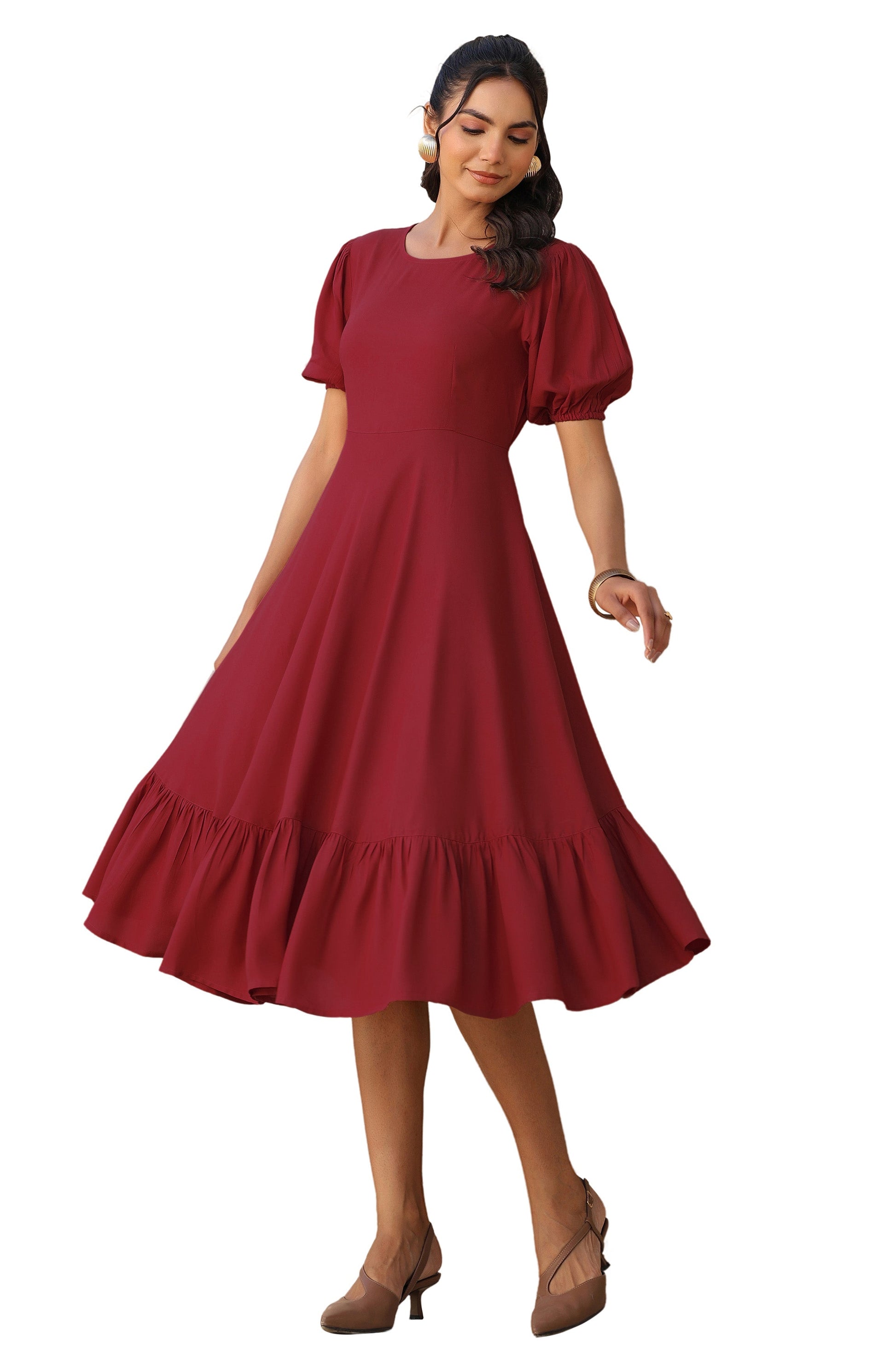 Janasya Dark Rayon Solid A-Line Dress 