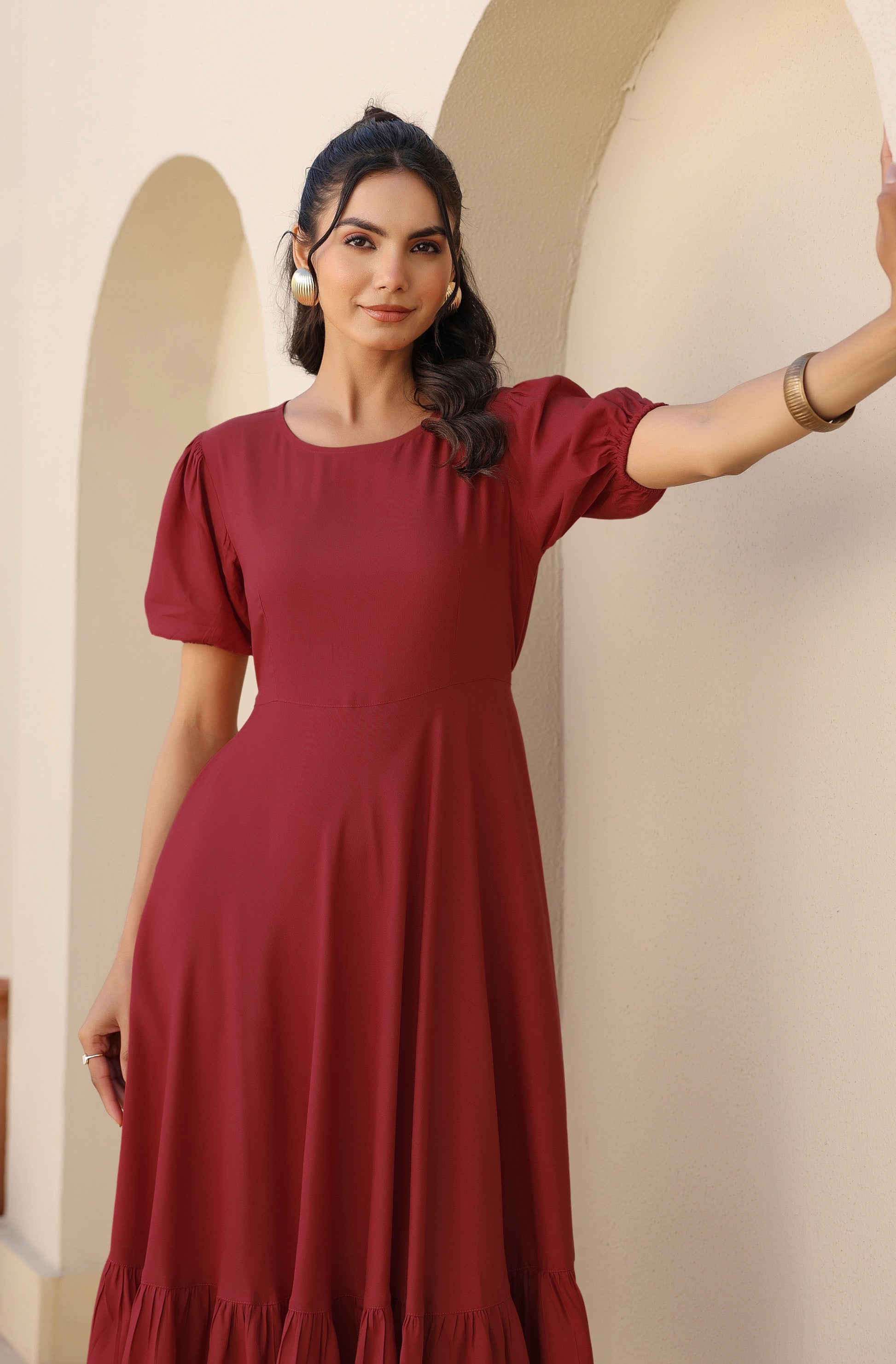 Janasya Dark Rayon Solid A-Line Dress 