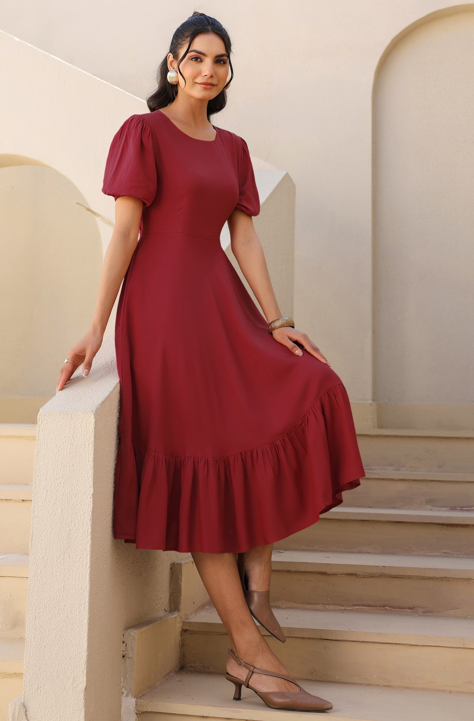 Janasya Dark Rayon Solid A-Line Dress 
