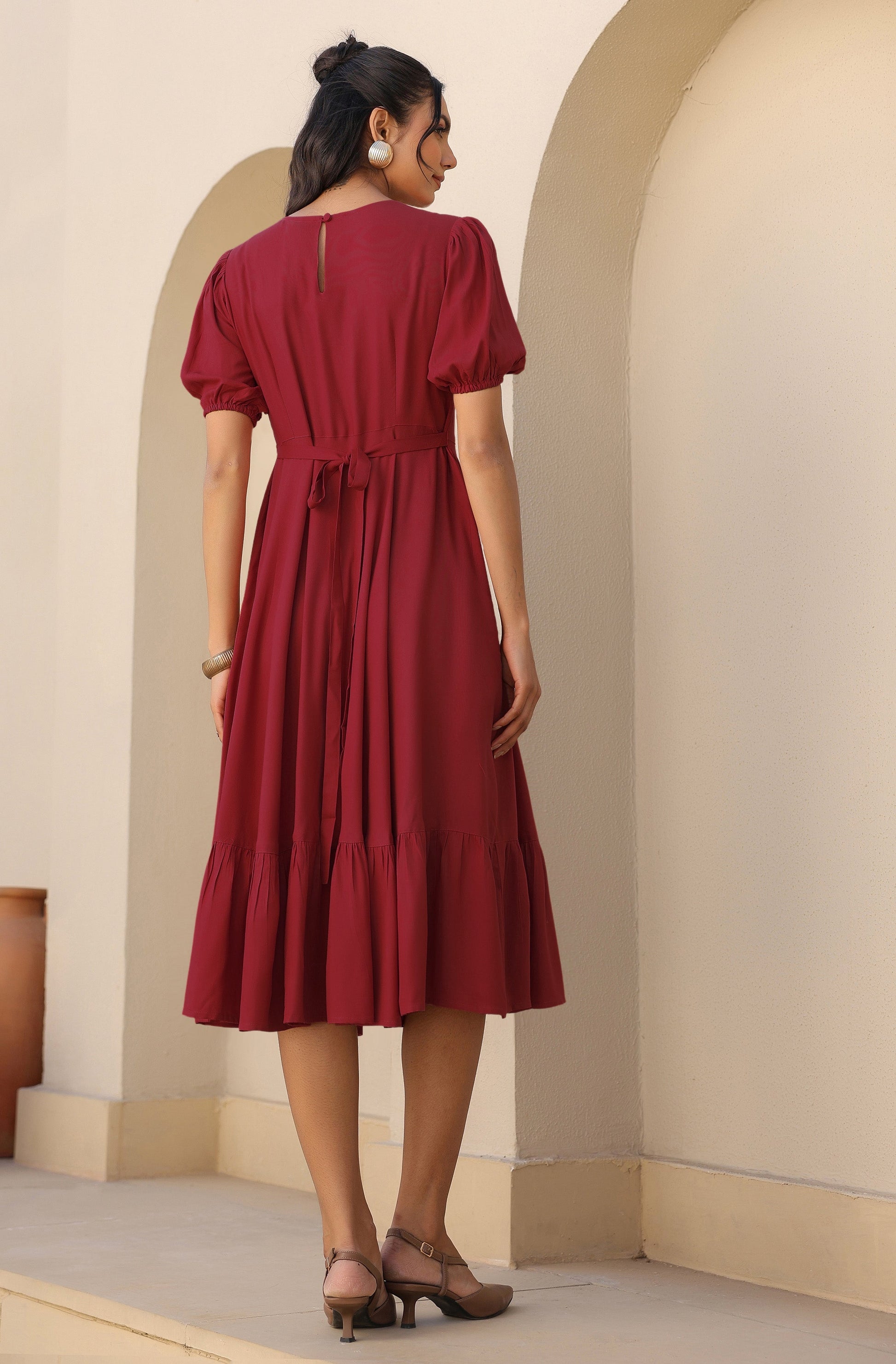 Janasya Dark Rayon Solid A-Line Dress 