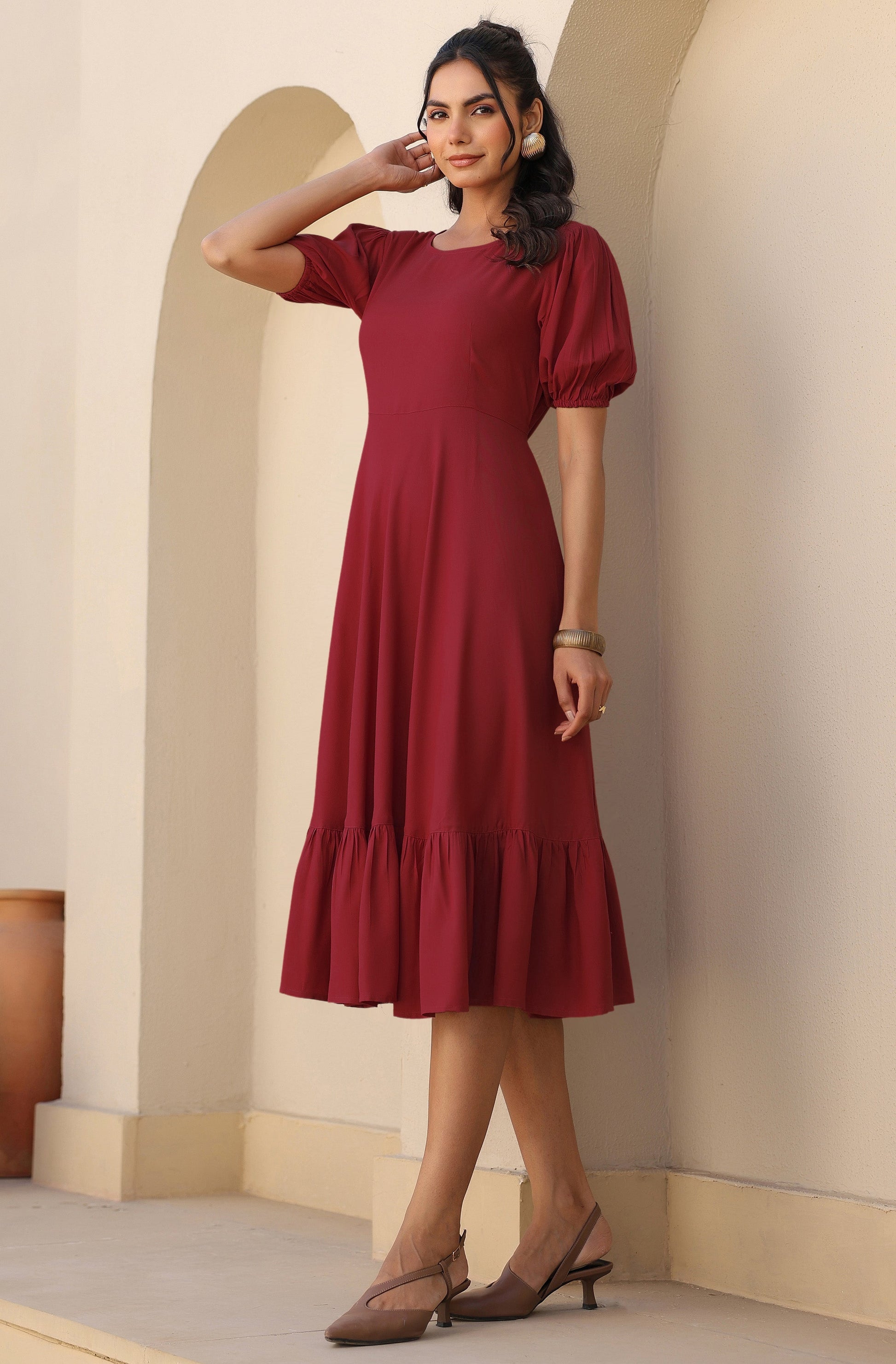Janasya Dark Rayon Solid A-Line Dress 