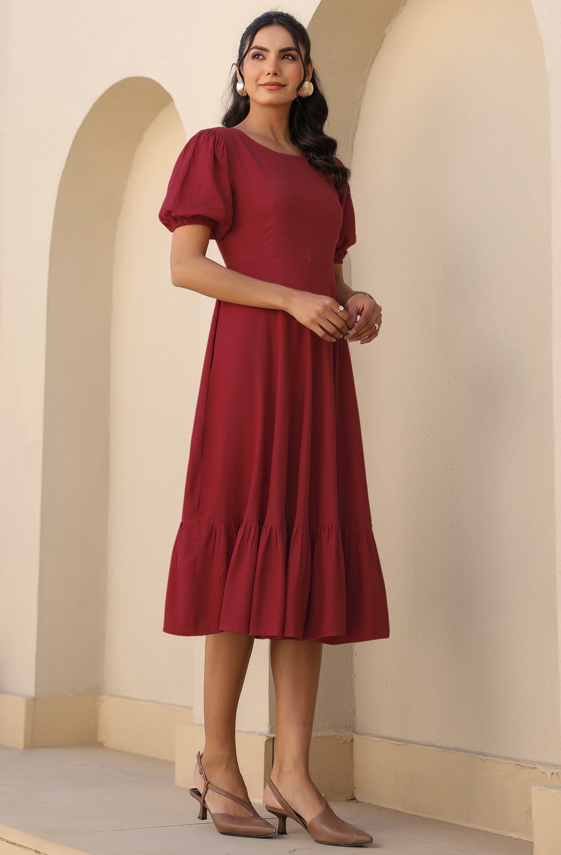 Janasya Dark Rayon Solid A-Line Dress 