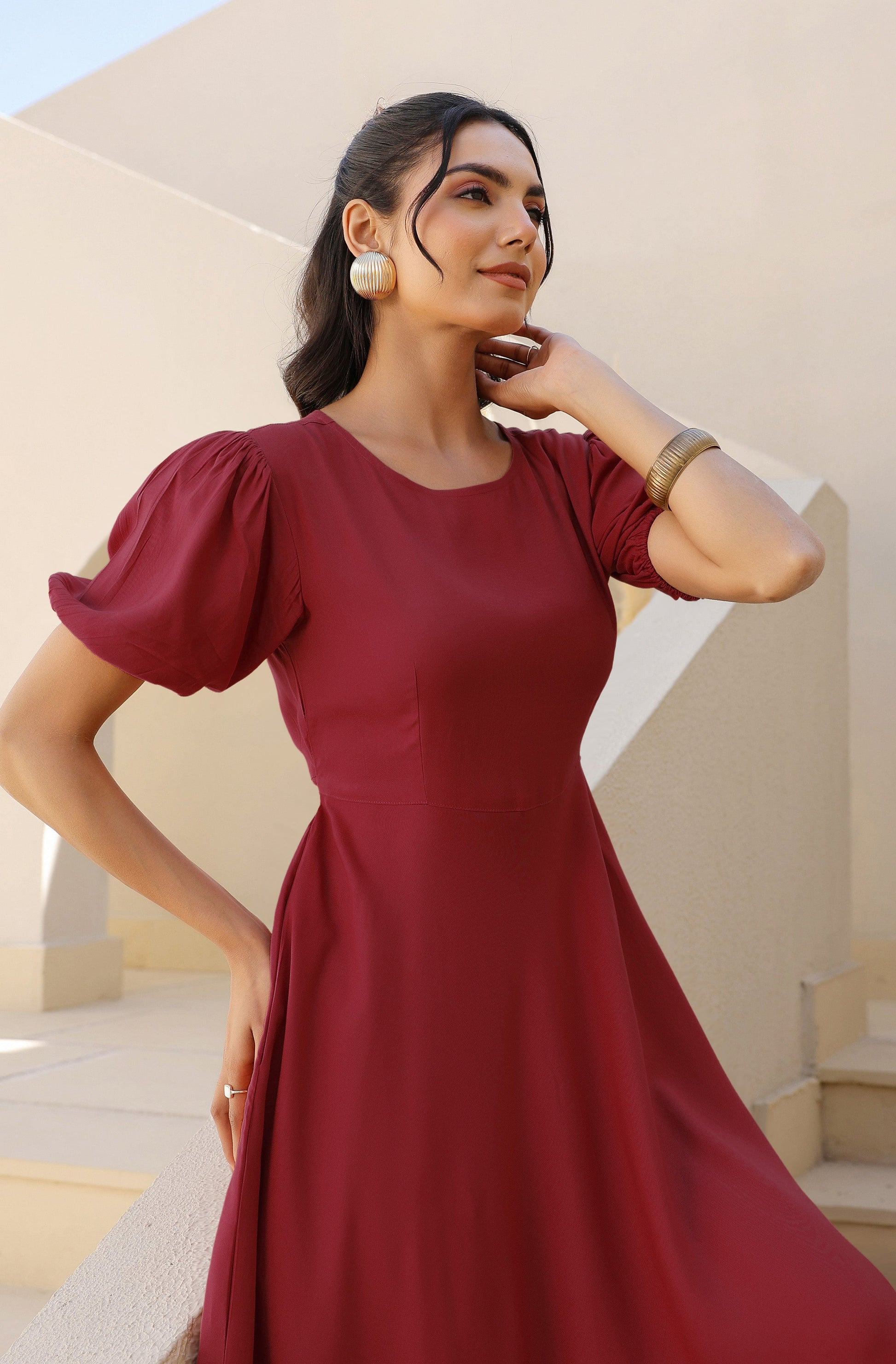 Janasya Dark Rayon Solid A-Line Dress 