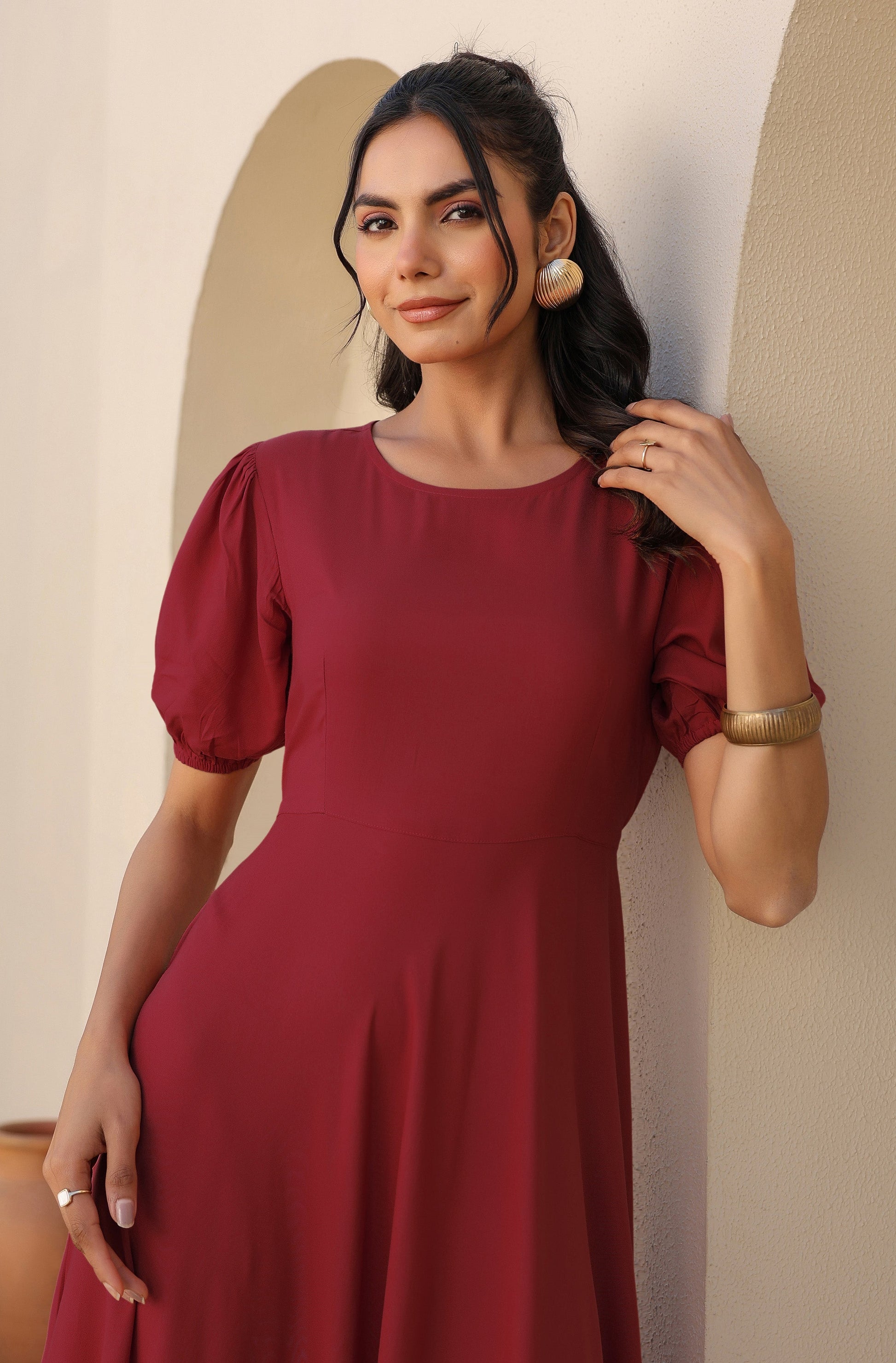 Janasya Dark Rayon Solid A-Line Dress 