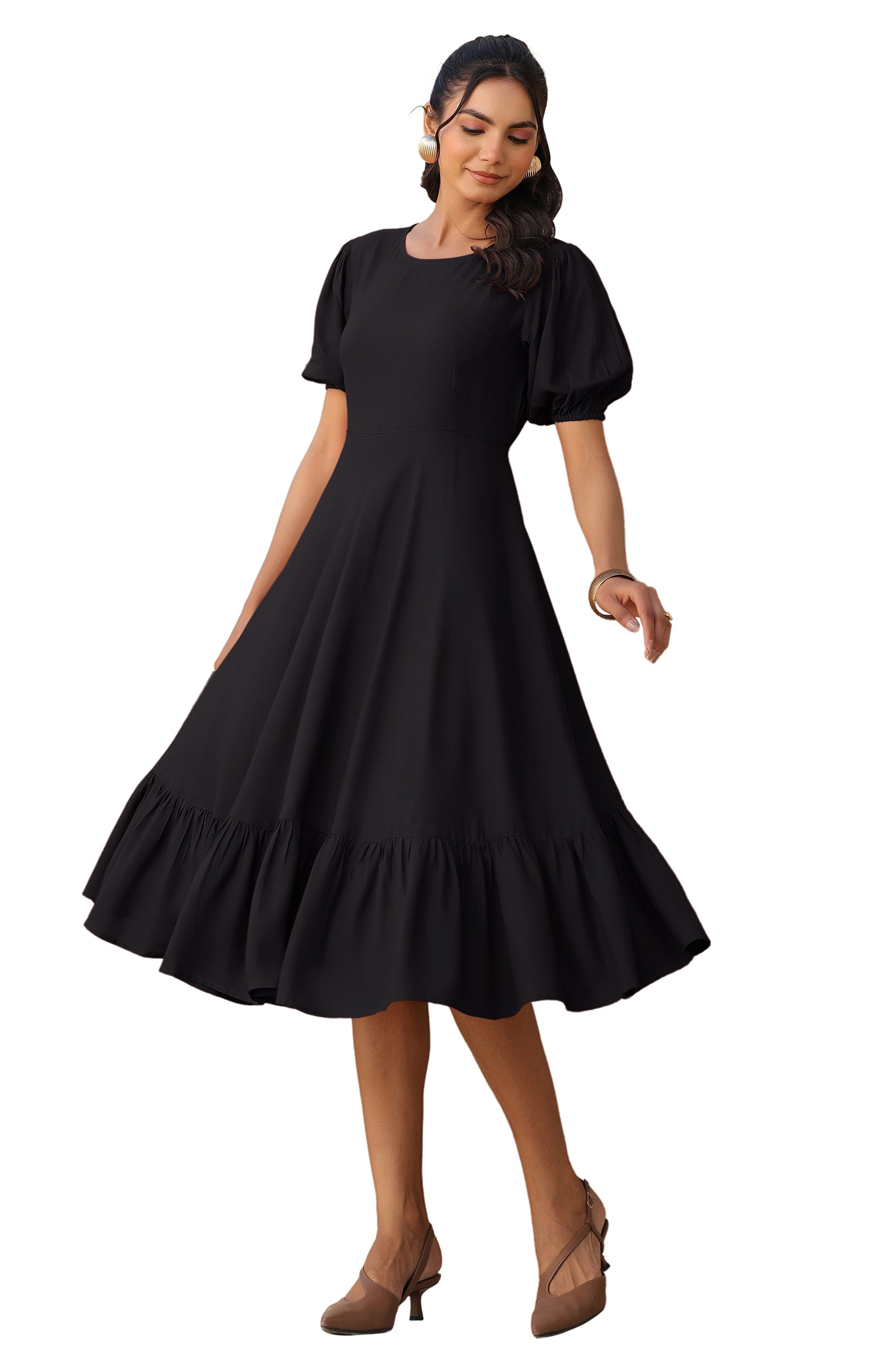 Janasya Dark Rayon Solid A-Line Dress 