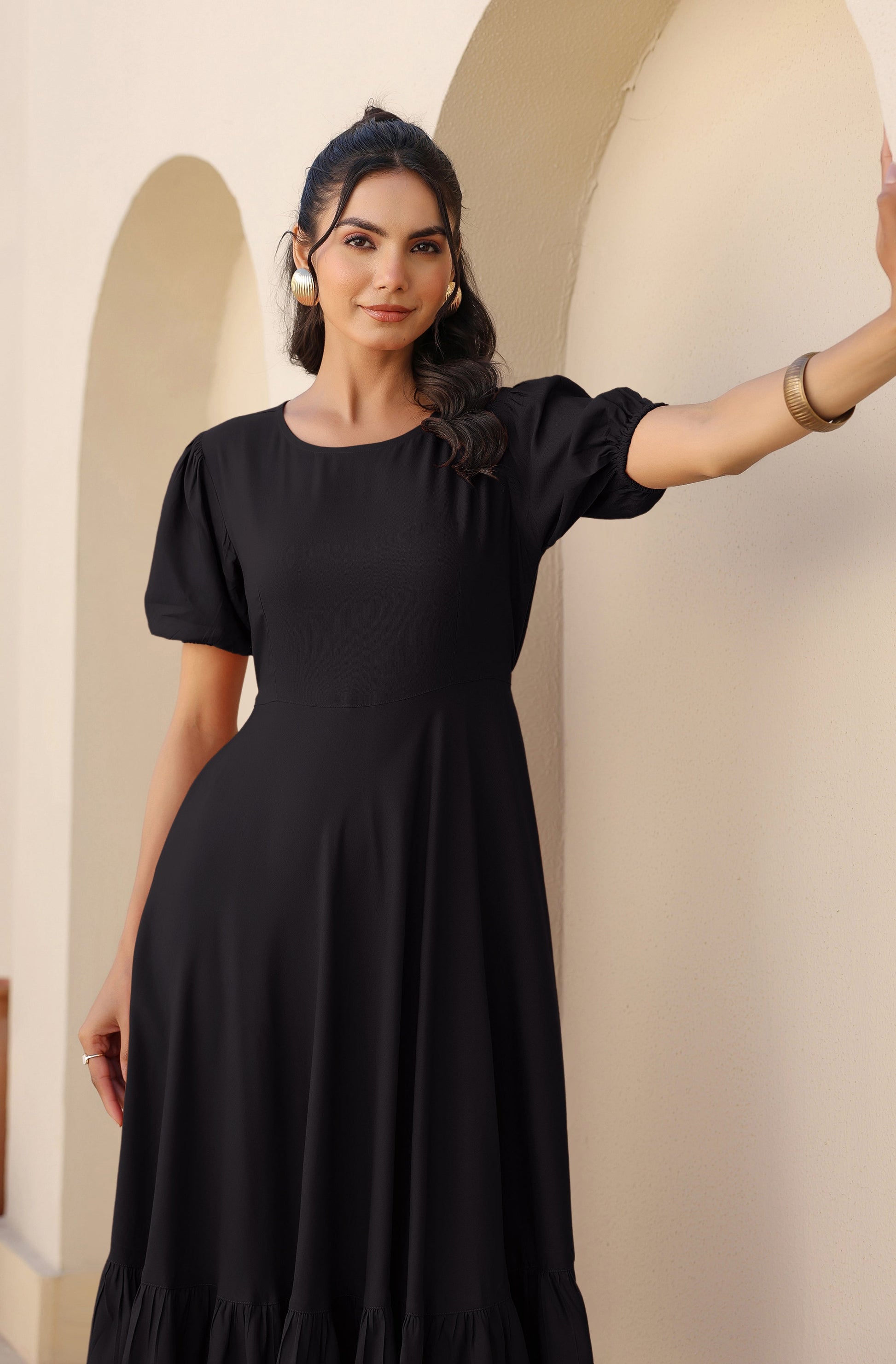 Janasya Dark Rayon Solid A-Line Dress 