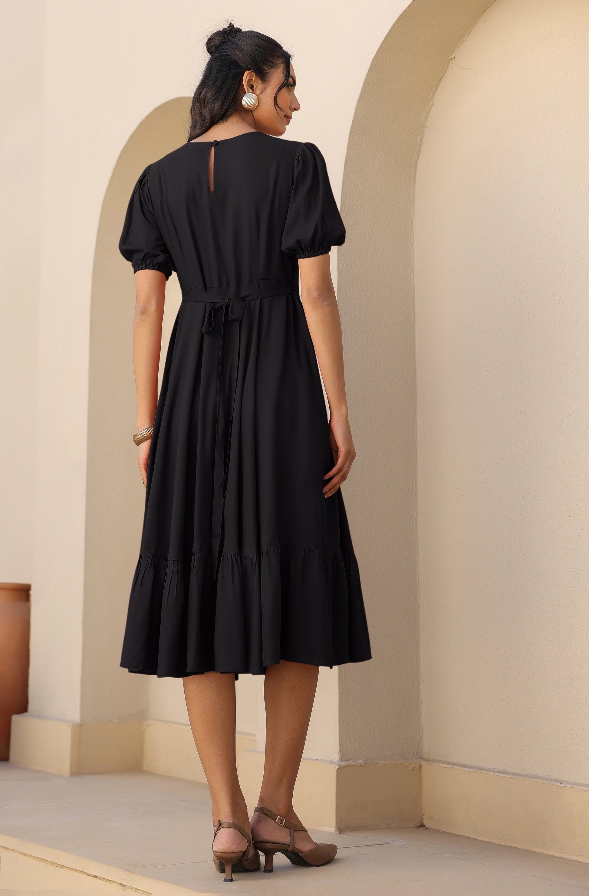 Janasya Dark Rayon Solid A-Line Dress 