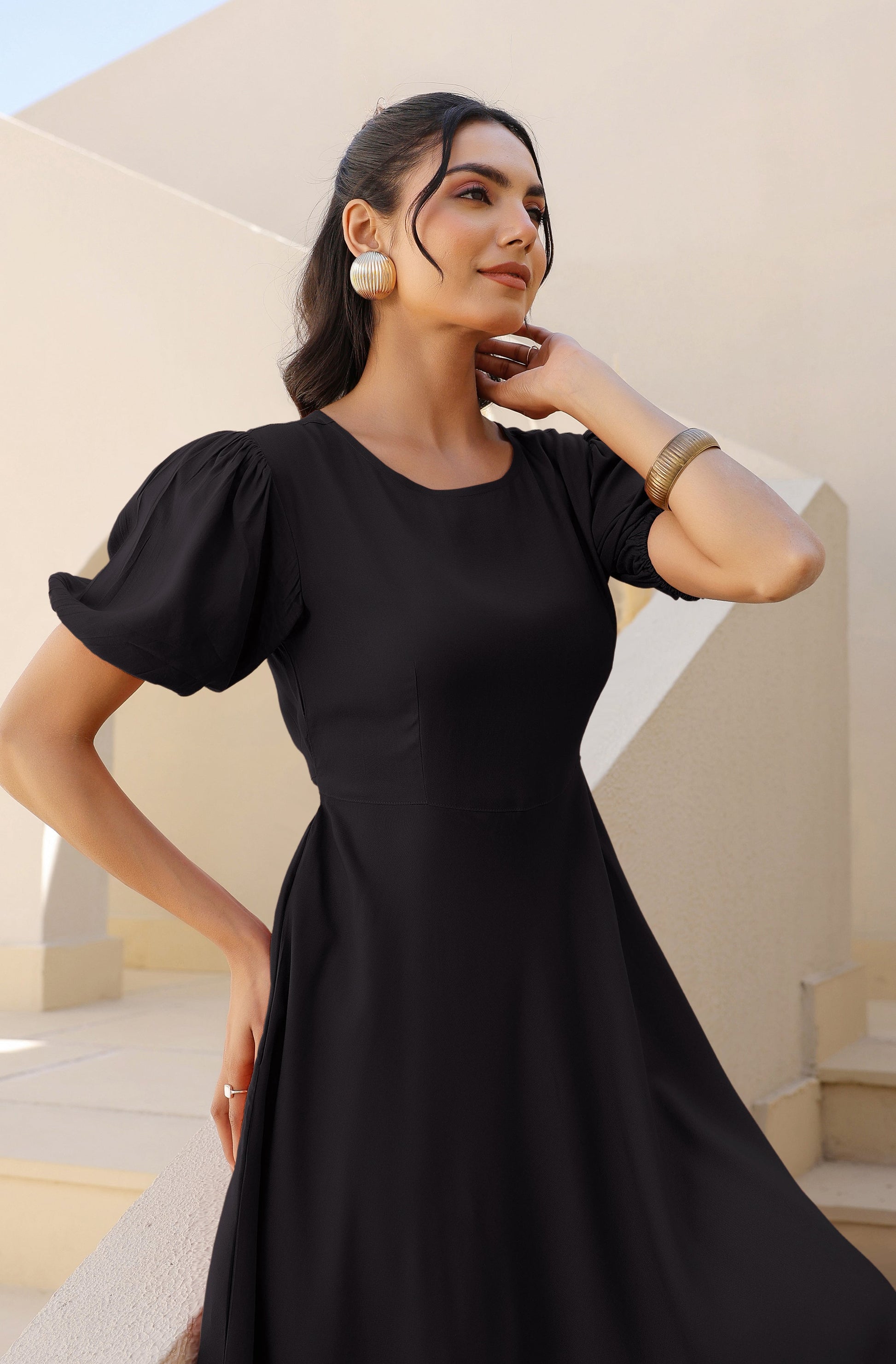 Janasya Dark Rayon Solid A-Line Dress 