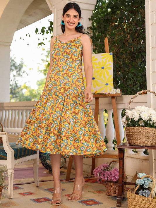 Janasya Bright Cotton Floral Tiered Dress 