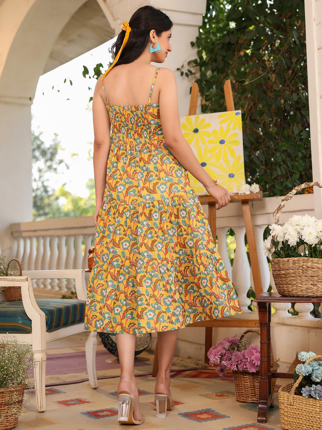 Janasya Bright Cotton Floral Tiered Dress 
