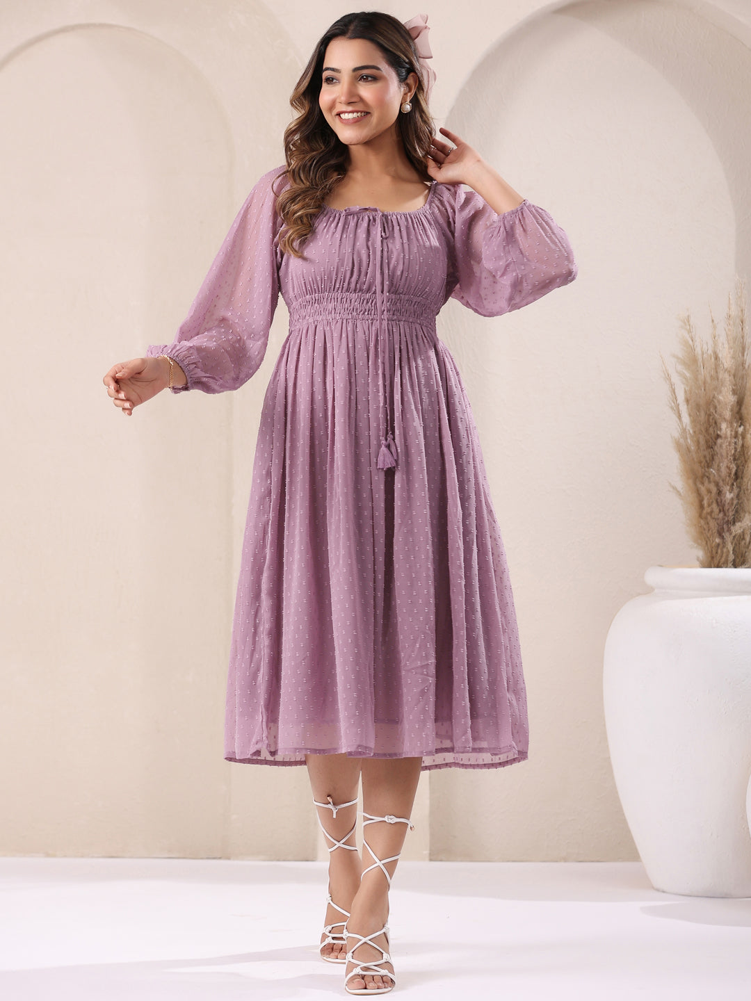 Janasya Light Dobby Chiffon Self Design Fit & Flare Dress 