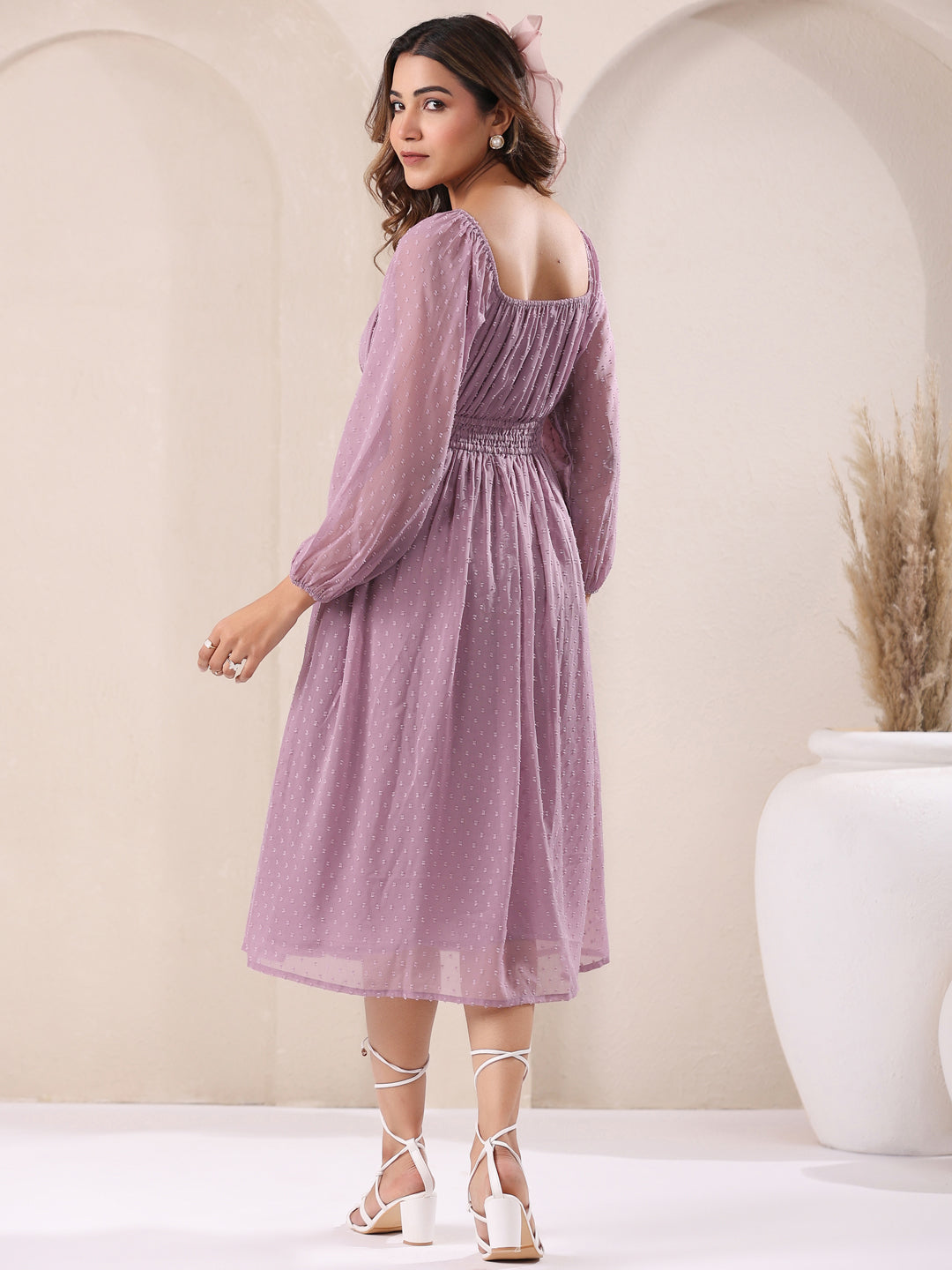 Janasya Light Dobby Chiffon Self Design Fit & Flare Dress 