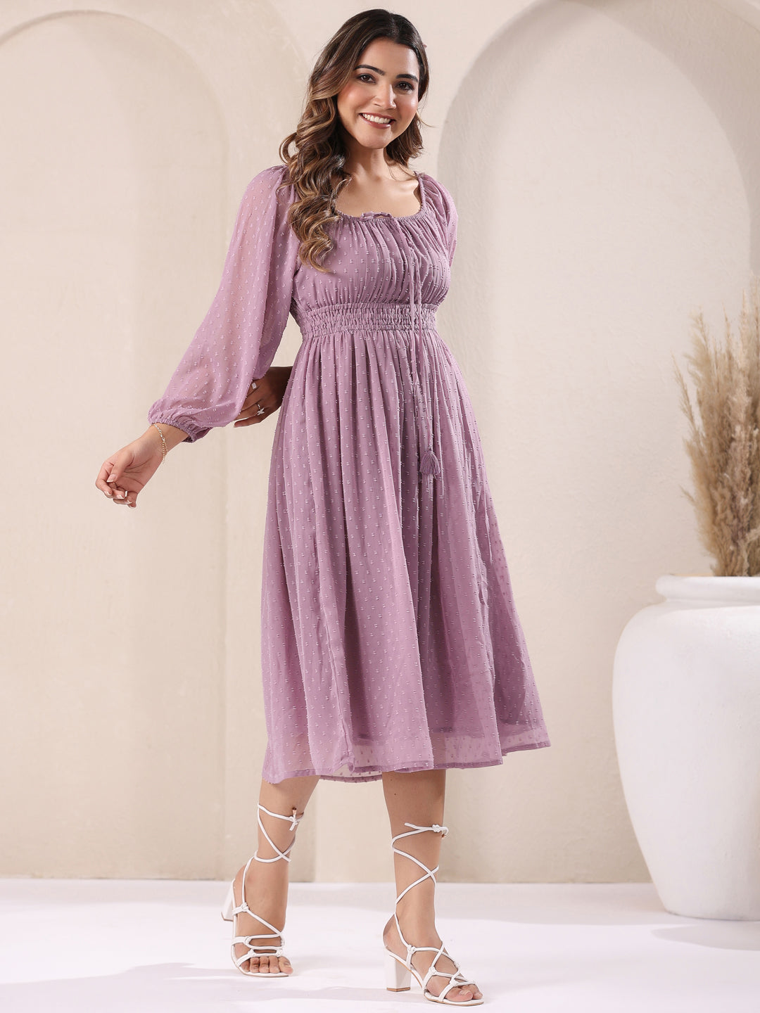 Janasya Light Dobby Chiffon Self Design Fit & Flare Dress 