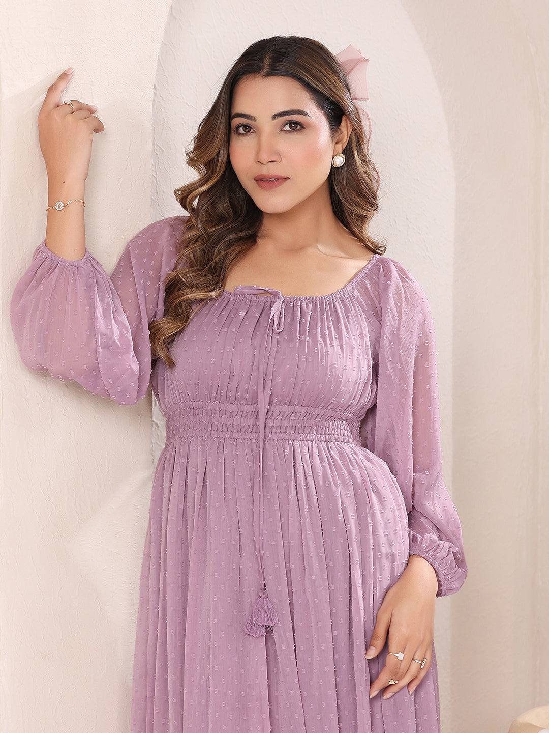 Janasya Light Dobby Chiffon Self Design Fit & Flare Dress 