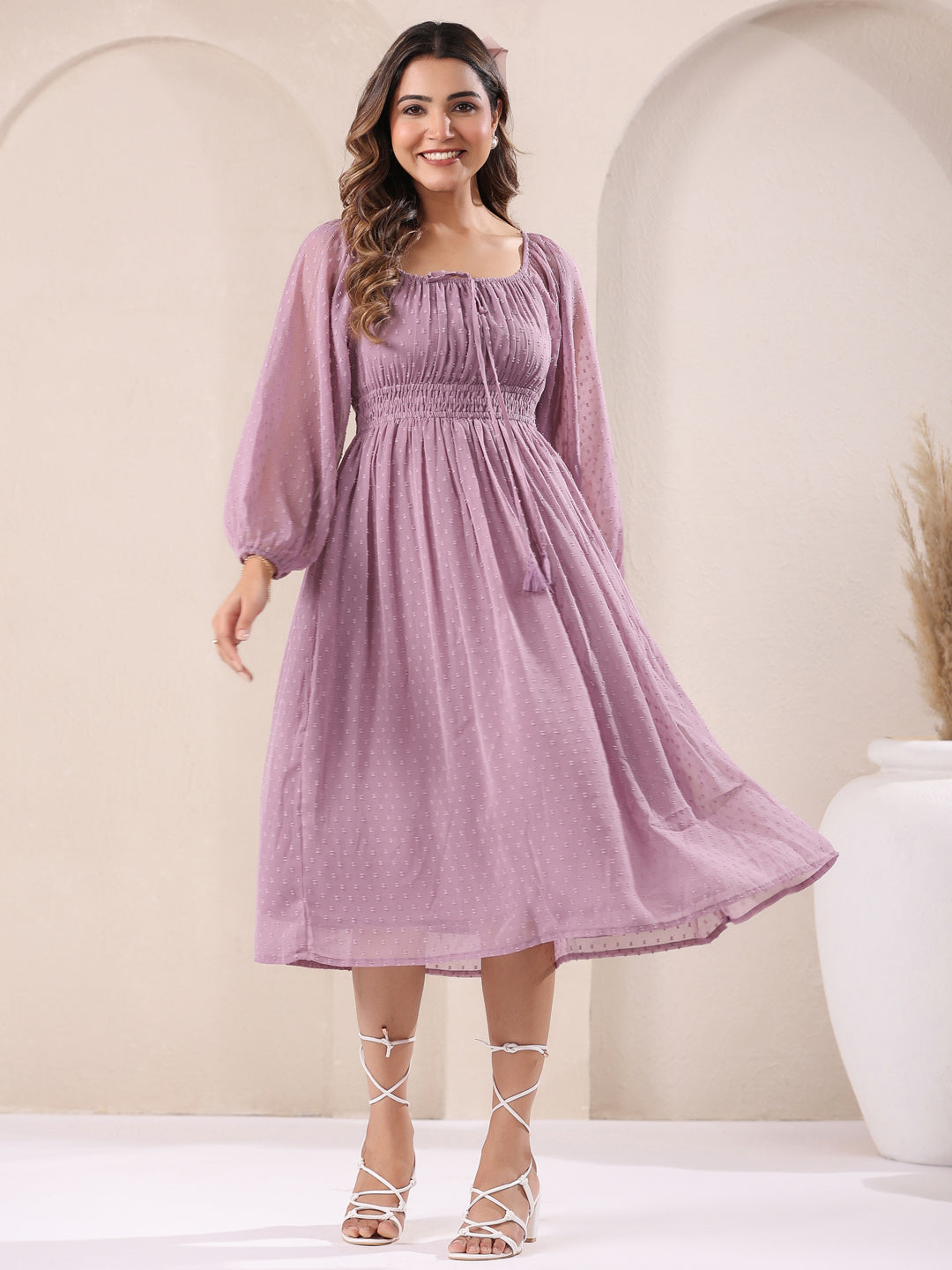 Janasya Light Dobby Chiffon Self Design Fit & Flare Dress 