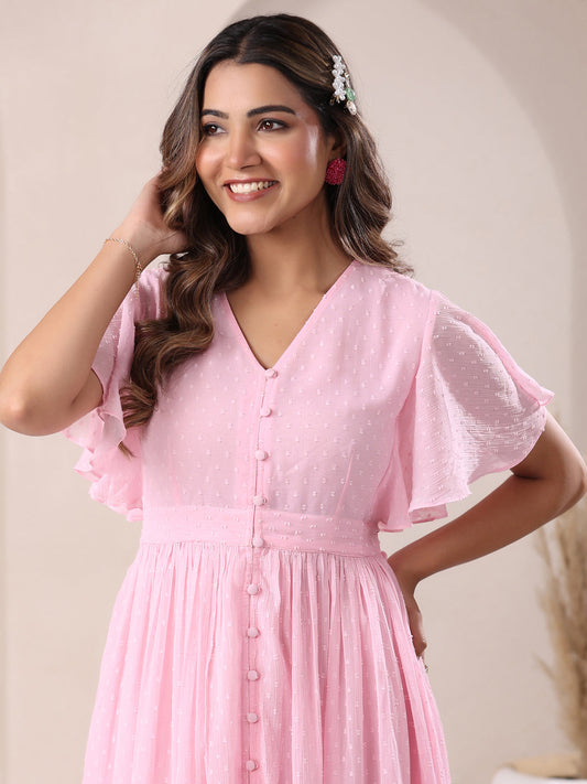Janasya Light Dobby Chiffon Self Design A-Line Dress 