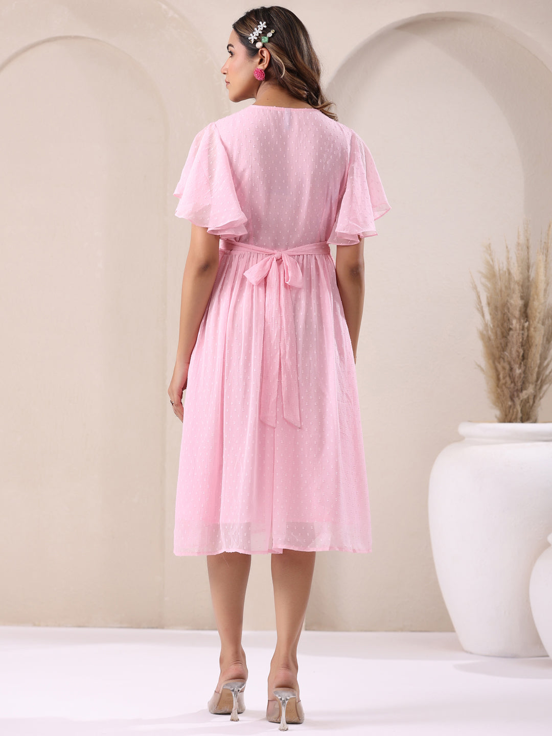 Janasya Light Dobby Chiffon Self Design A-Line Dress 