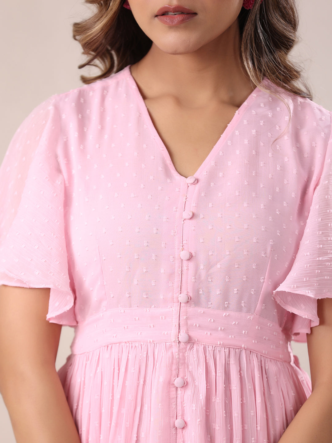 Janasya Light Dobby Chiffon Self Design A-Line Dress 