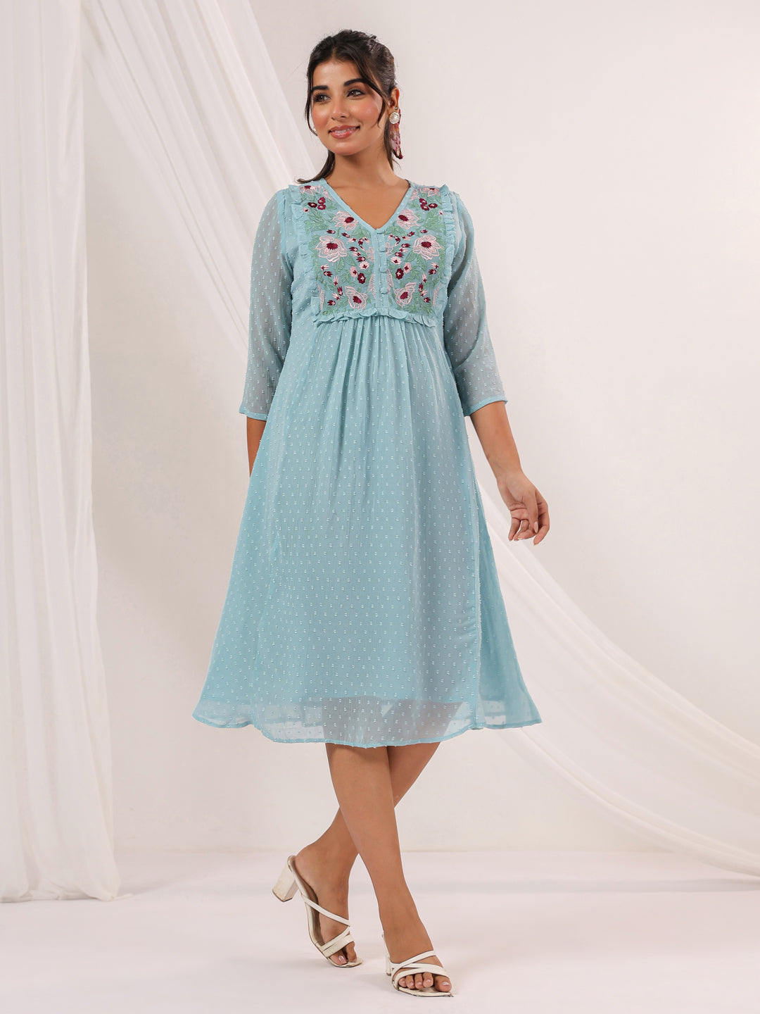 Janasya Light Dobby Chiffon Embroidered A-Line Dress 