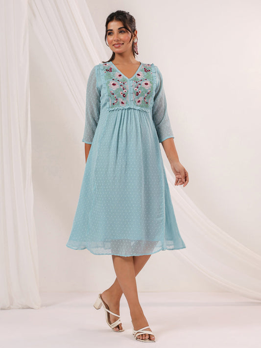Janasya Light Dobby Chiffon Embroidered A-Line Dress 