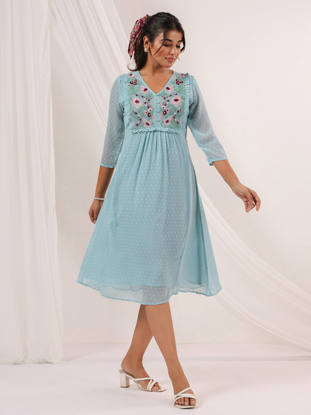 Janasya Light Dobby Chiffon Embroidered A-Line Dress 