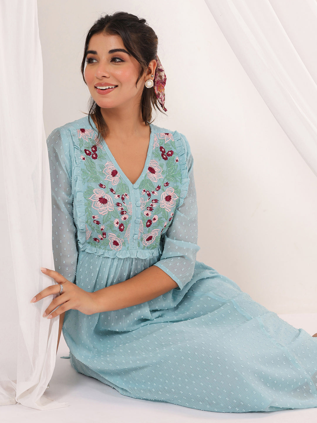Janasya Light Dobby Chiffon Embroidered A-Line Dress 