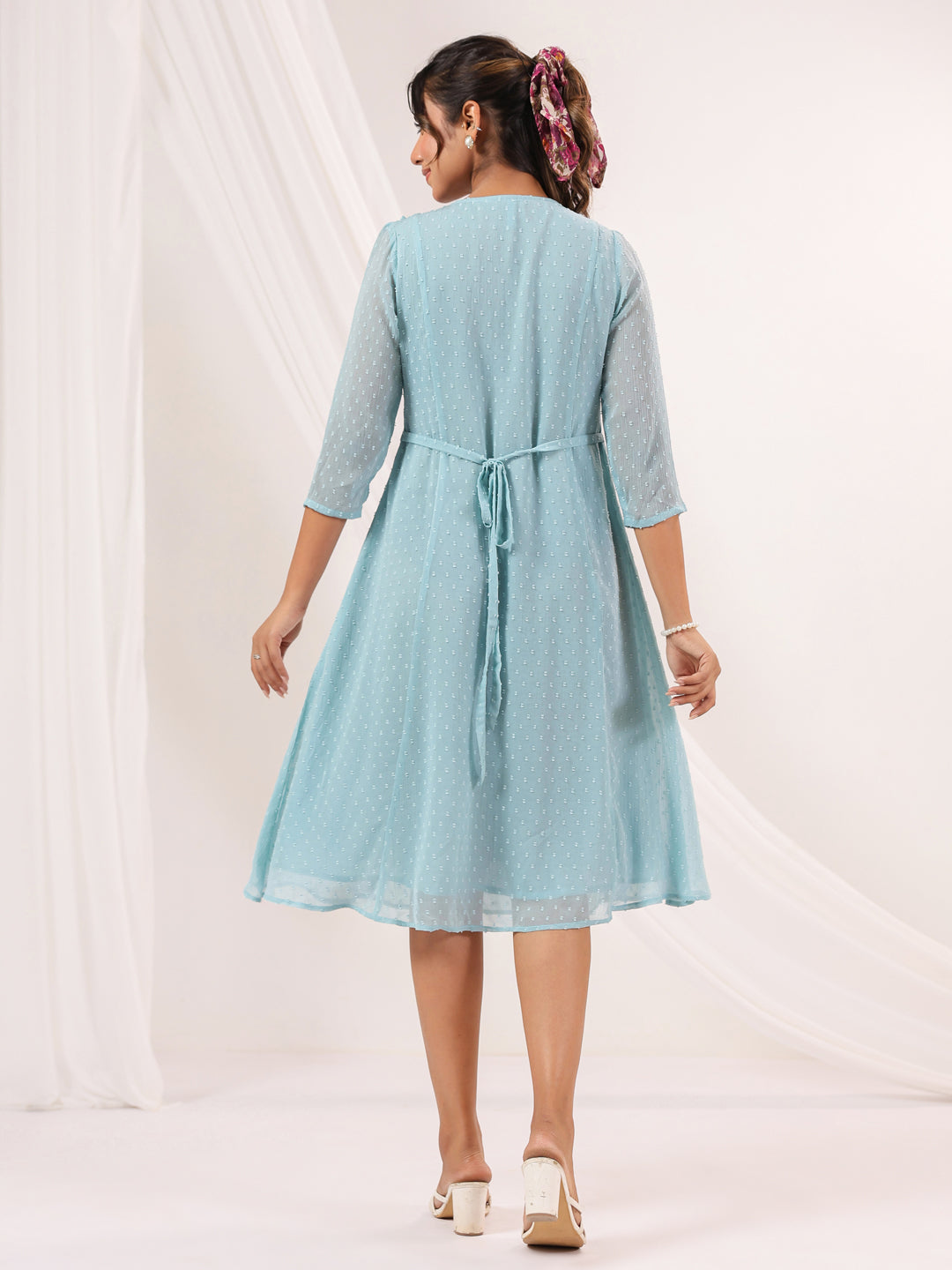 Janasya Light Dobby Chiffon Embroidered A-Line Dress 