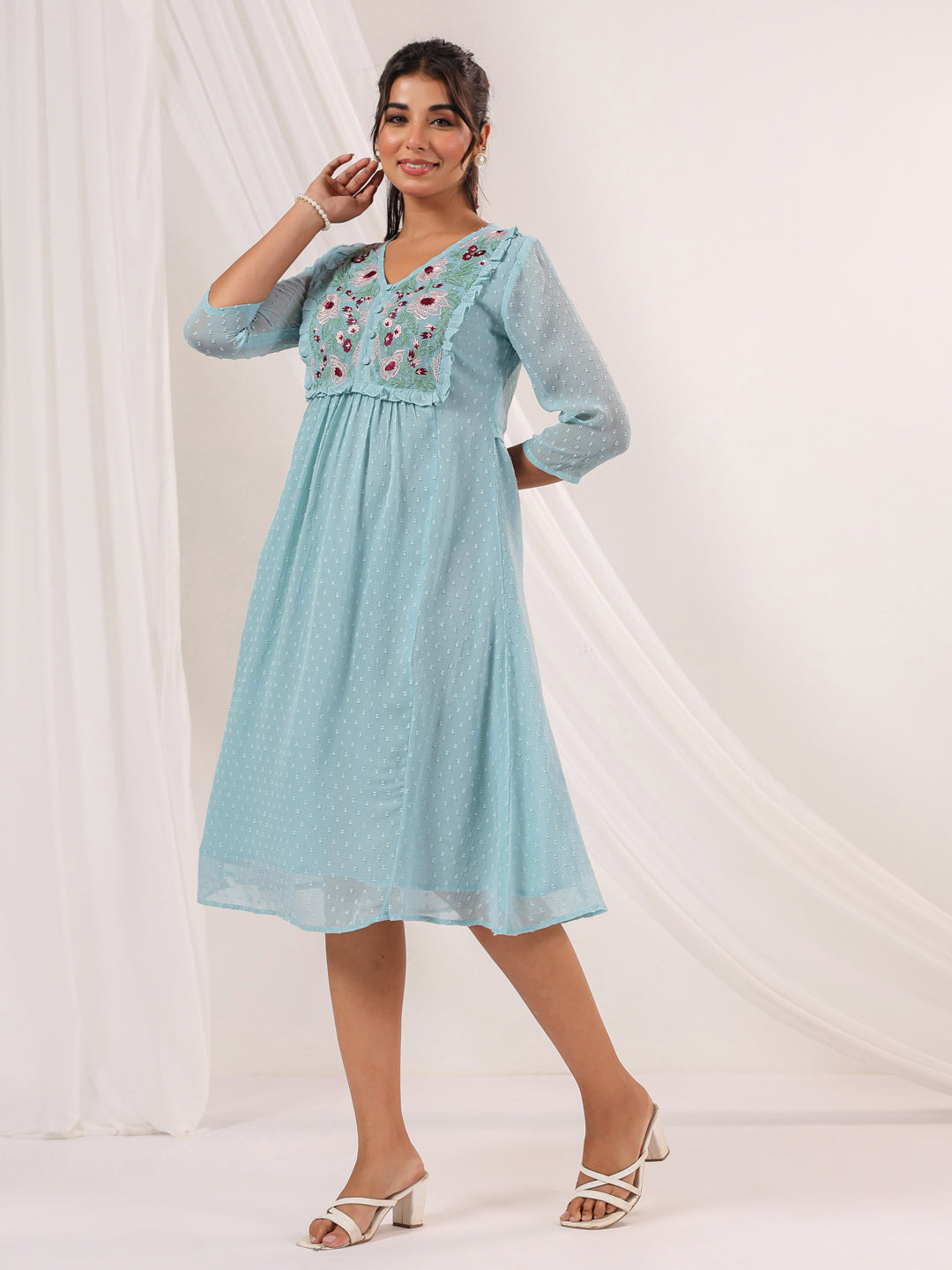 Janasya Light Dobby Chiffon Embroidered A-Line Dress 
