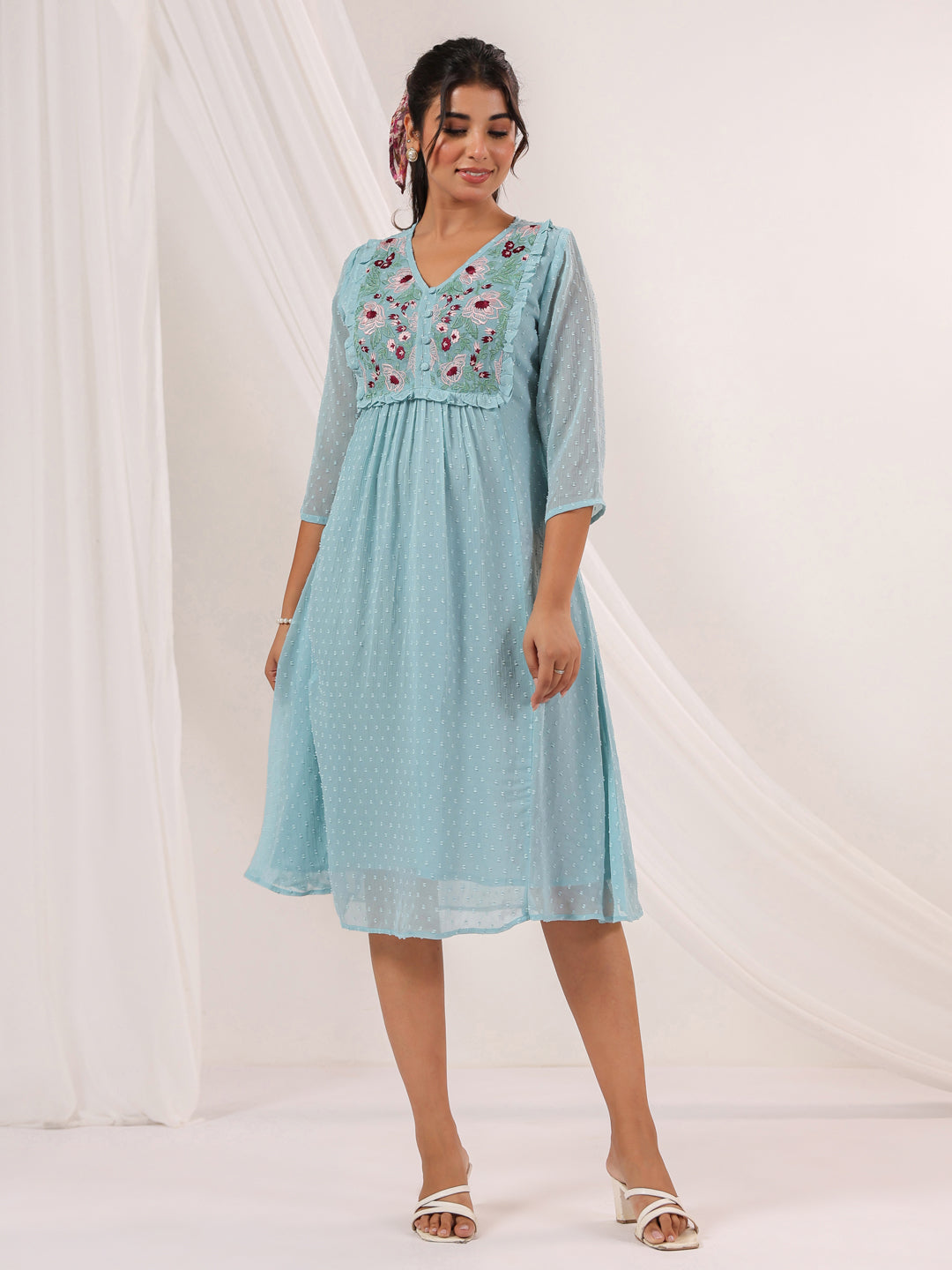 Janasya Light Dobby Chiffon Embroidered A-Line Dress 