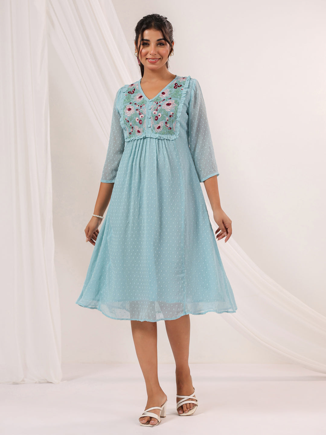 Janasya Light Dobby Chiffon Embroidered A-Line Dress 
