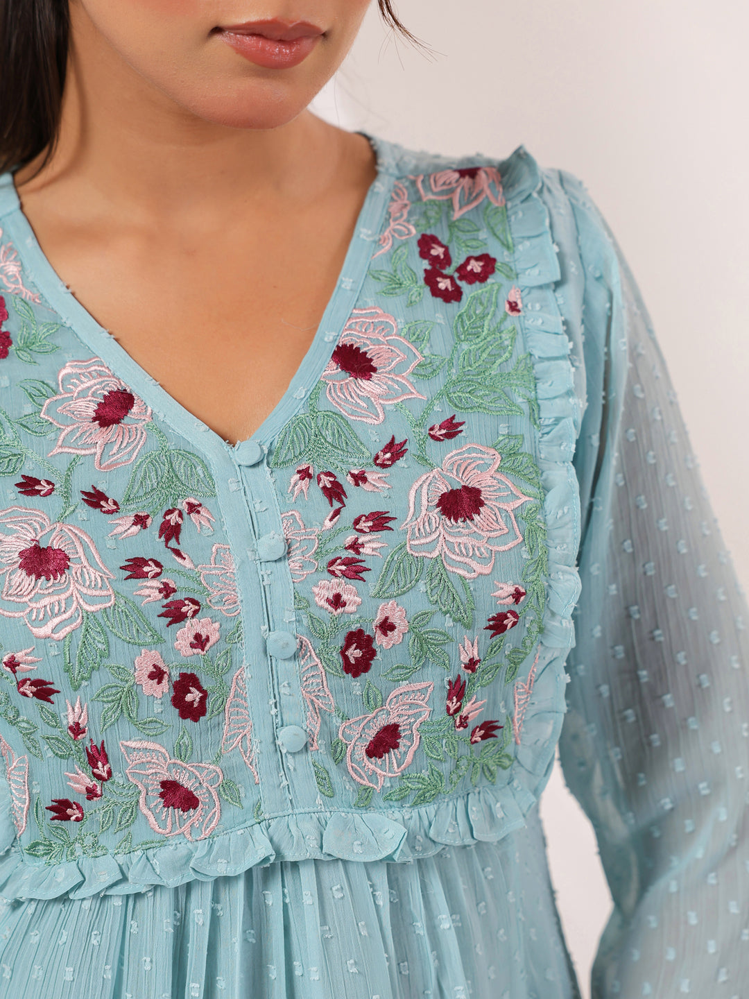 Janasya Light Dobby Chiffon Embroidered A-Line Dress 