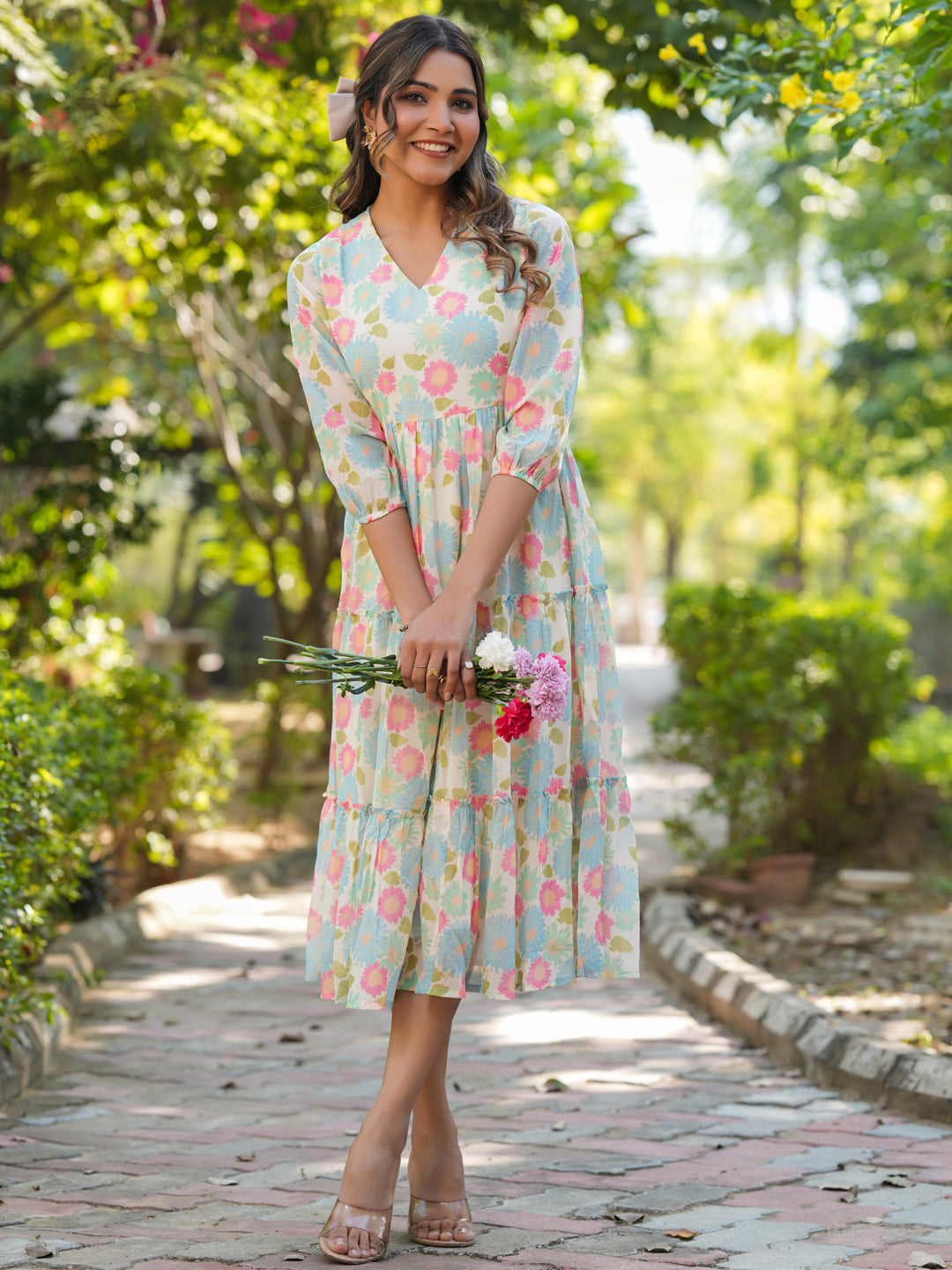Janasya Bright Georgette Floral Tiered Dress 