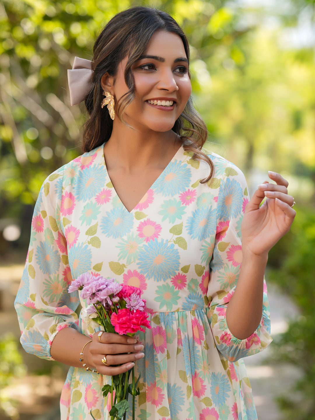 Janasya Bright Georgette Floral Tiered Dress 