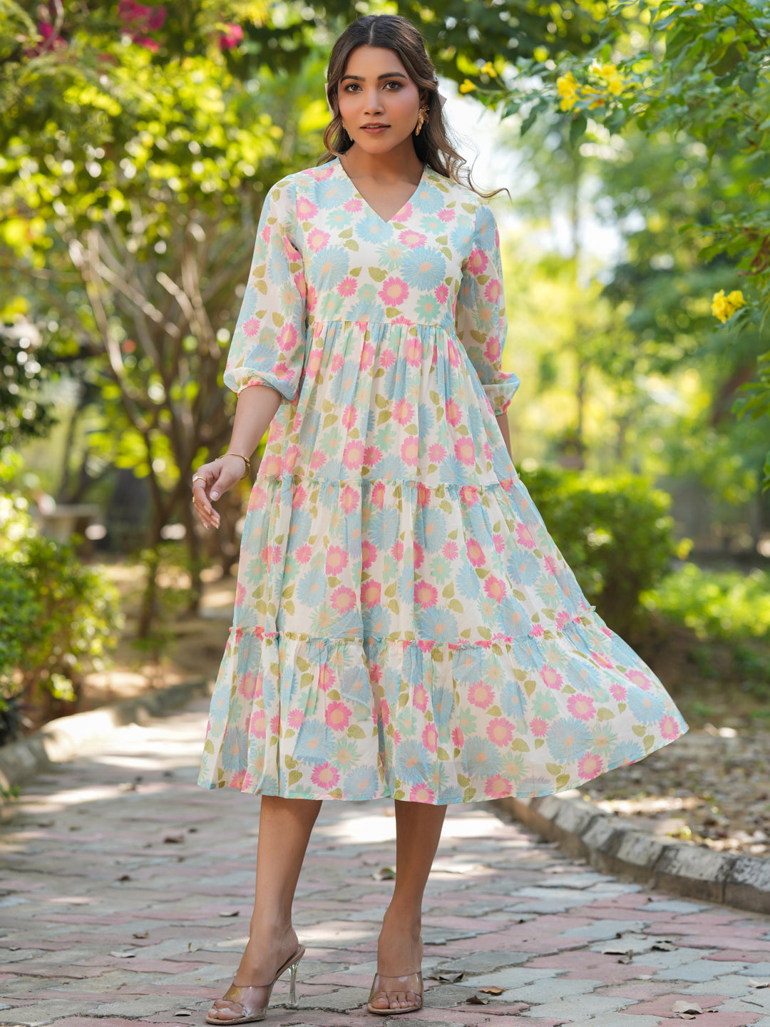 Janasya Bright Georgette Floral Tiered Dress 