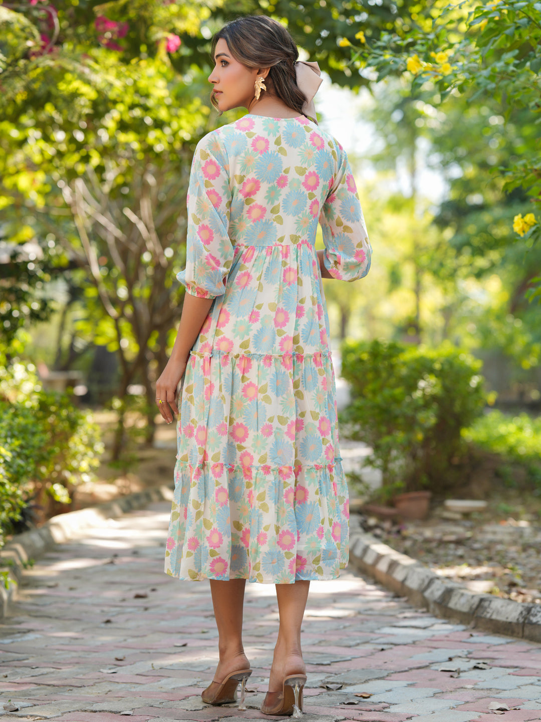 Janasya Bright Georgette Floral Tiered Dress 